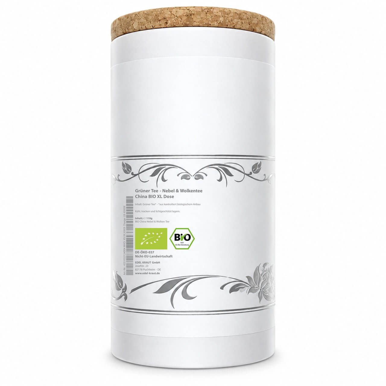 Grüner Tee Nebel & Wolkentee BIO - Rückseite der XL Teedose Rückseite der EDEL KRAUT XL Teedose Grüner Tee Nebel & Wolkentee BIO: Etikett mit Zutaten und Füllmenge 110 g