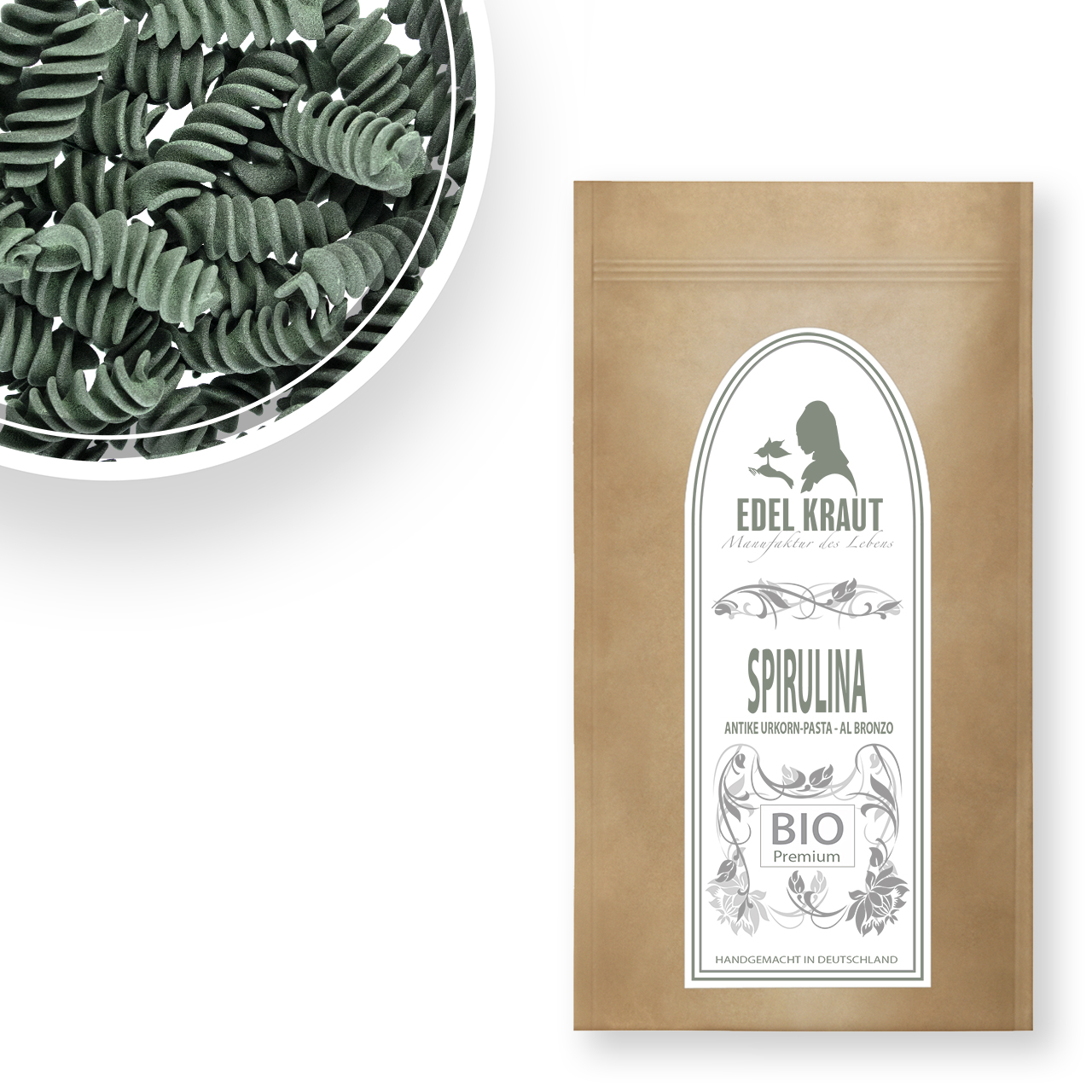 Bio Spirulina Fusilli Pasta in nachhaltiger Papiertüte und eine Schüssel Spirulina Nudeln Bio Spirulina Fusilli Pasta in nachhaltiger Papiertüte und eine Schüssel Spirulina Nudeln