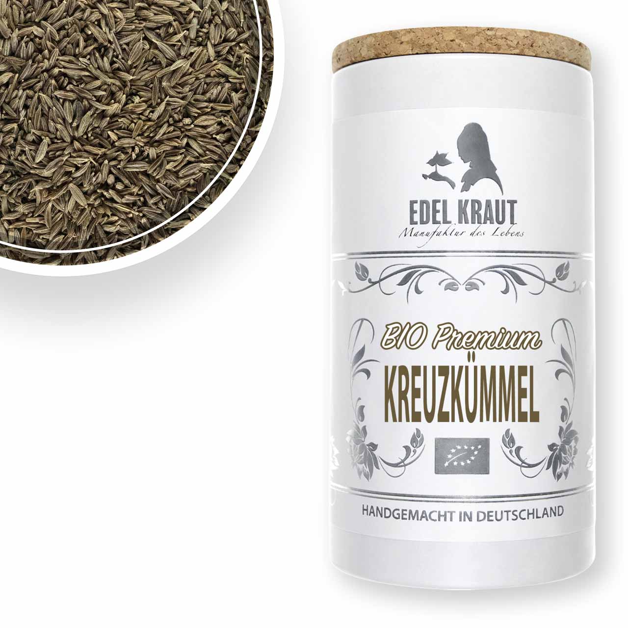 Bio Kreuzkümmel ganz Dose - Cumin-Samen Premium Bio Kreuzkümmel ganz Premium-Korkdose mit Schale Cumin-Samen Sensorik - sortenrein aus EDEL KRAUT Manufaktur Puchheim.