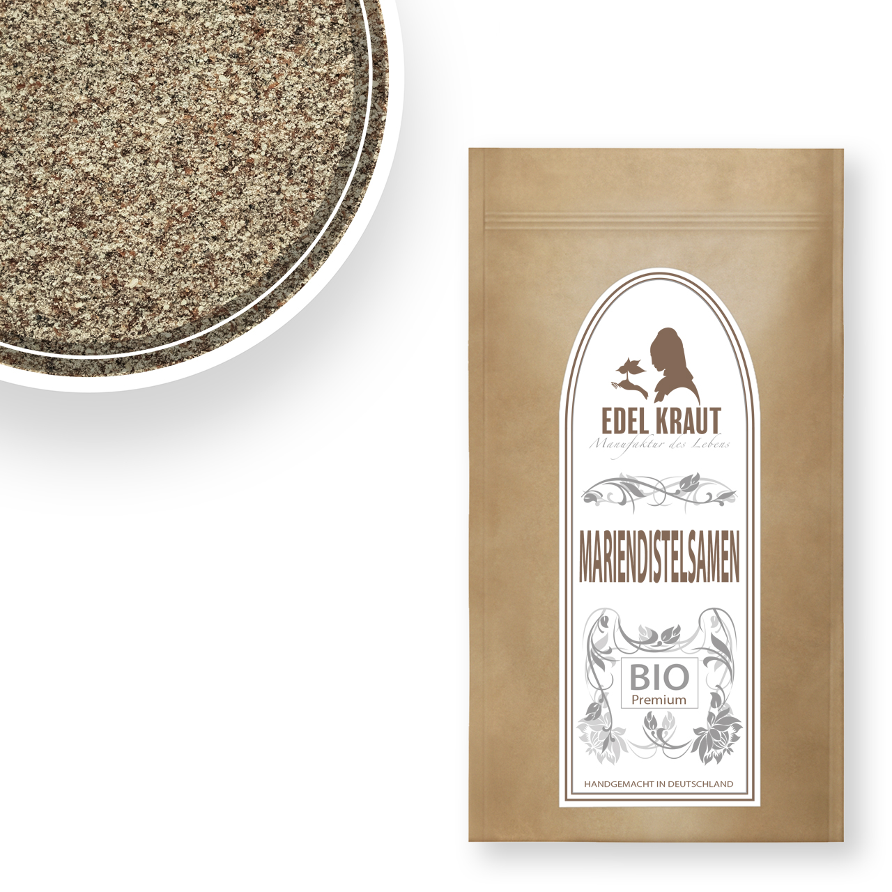 Mariendistel Pulver – BIO Bio Mariendistel Pulver in papierbasierter Tüte, sandbeige, fein gemahlen, Etikett sichtbar