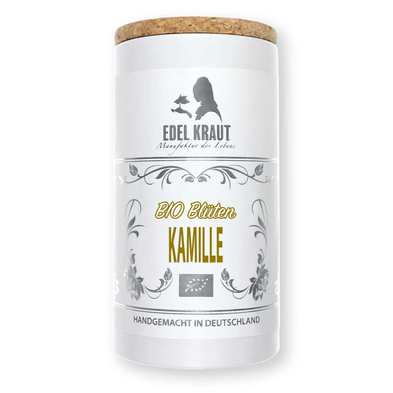 Kamillenblüten BIO - Vorderseite der EDEL KRAUT XL Teedose Vorderseite der EDEL KRAUT XL Teedose Kamillenblüten BIO mit Korkdeckel.