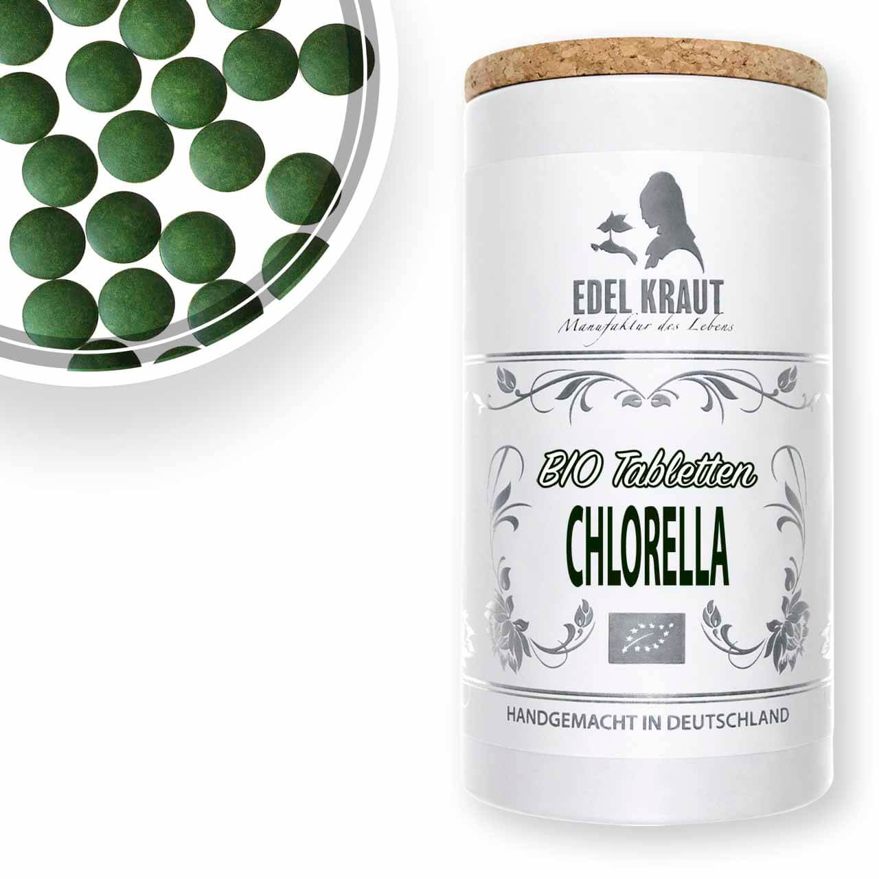 Chlorella bio kaufen - Premium Dose | EDEL KRAUT Bio Chlorella Tabletten in edler Papierdose mit Korkdeckel – hochwertige Algen-Presslinge mit EU-Bio-Siegel, handgemacht in Deutschland.