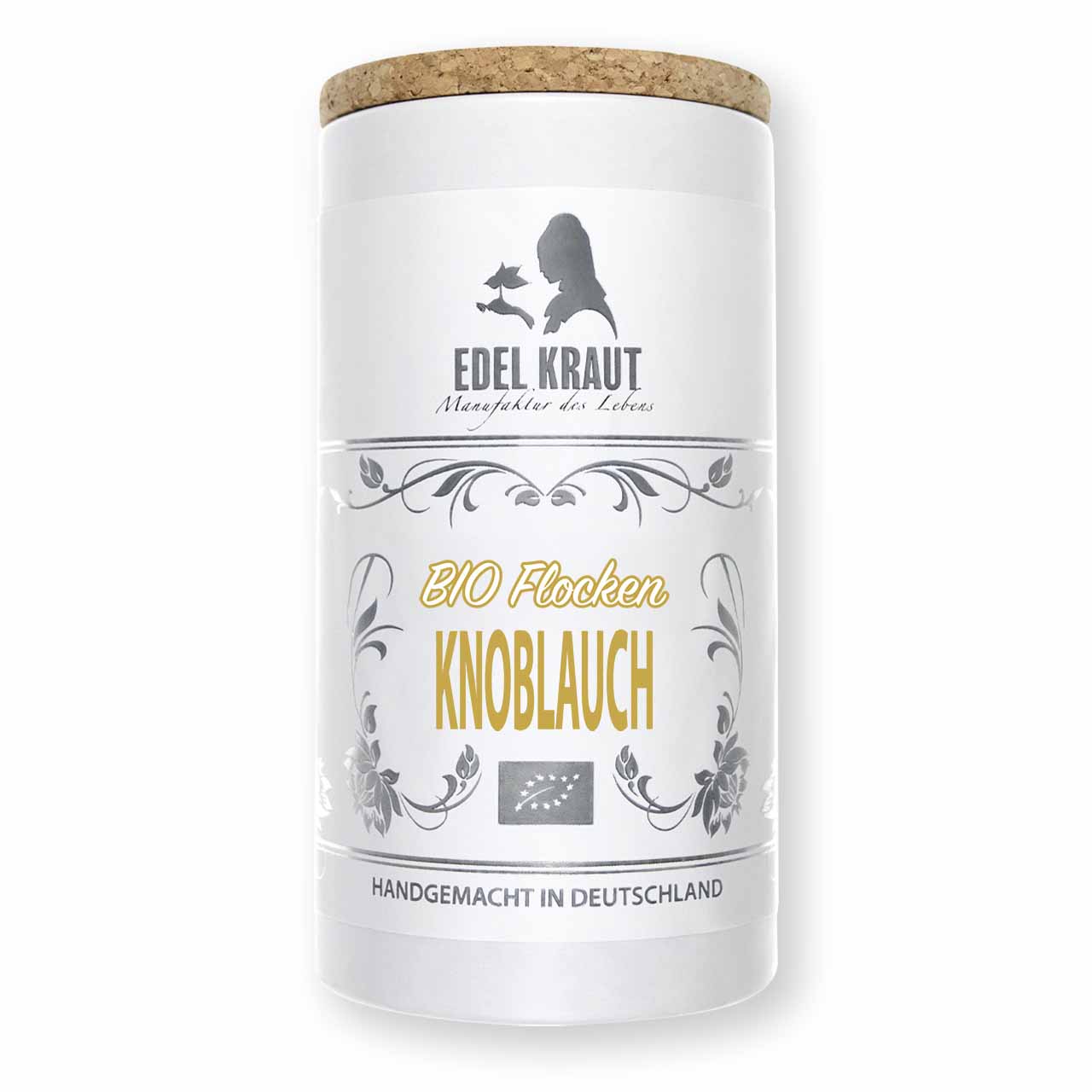 Knoblauch Flocken BIO kaufen - Premium Dose | EDEL KRAUT BIO Knoblauchflocken in edler Papierdose mit Korkdeckel - aromatisches Gewuerz mit EU-Bio-Siegel, handgemacht in Deutschland.