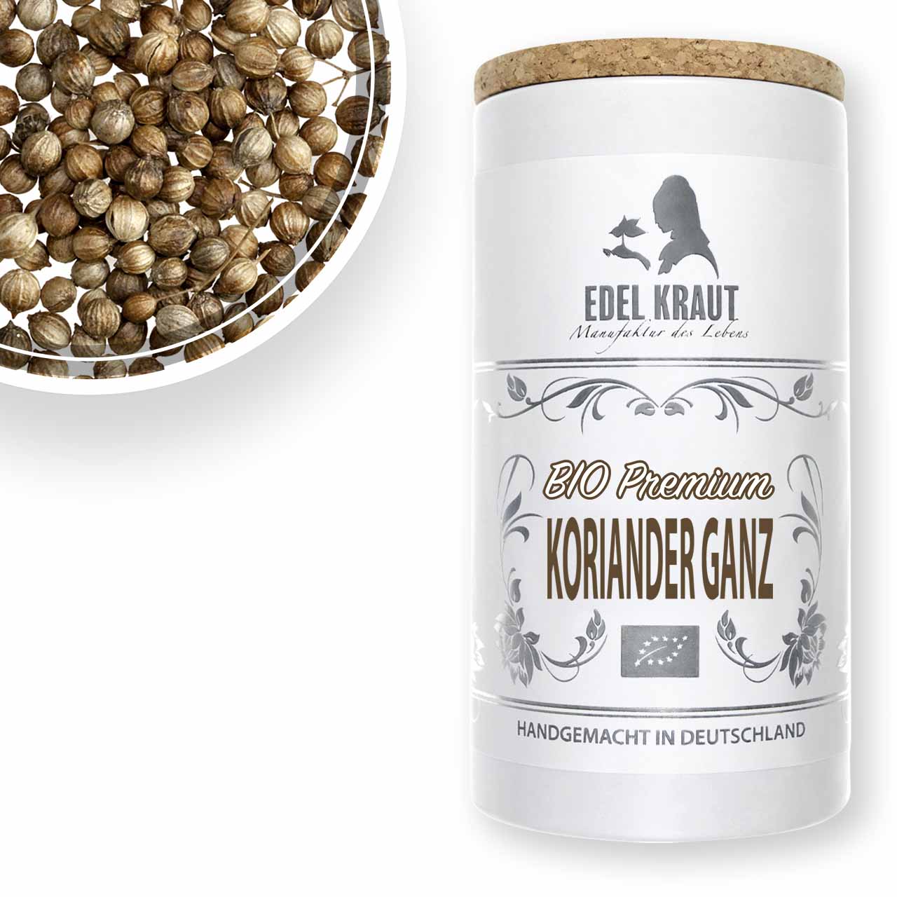 Koriander BIO kaufen - ganze Samen | EDEL KRAUT BIO Koriandersamen ganz in einer Schale neben edler Papierdose mit Korkdeckel - aromatisches Premium Gewuerz mit EU-Bio-Siegel von EDEL KRAUT.