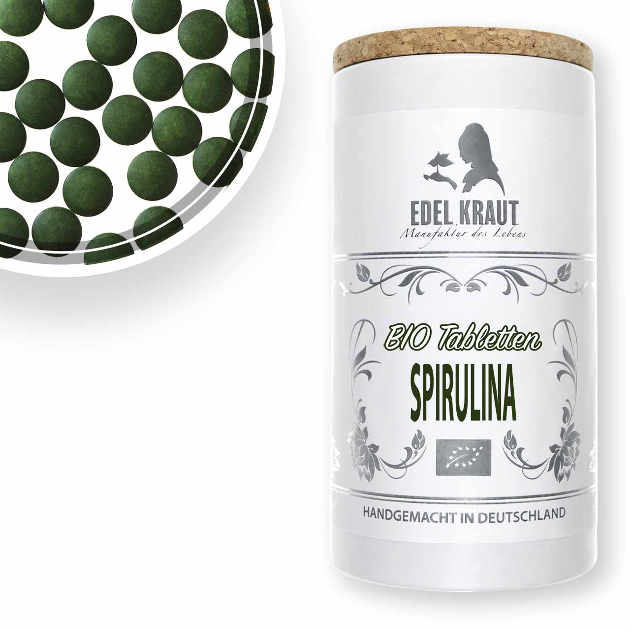 Spirulina Tabletten BIO kaufen - Premium Dose Reine BIO Spirulina Tabletten in der EDEL KRAUT Premium Dose - nährstoffreiche Mikroalge als Presslinge, handgemacht in Deutschland.