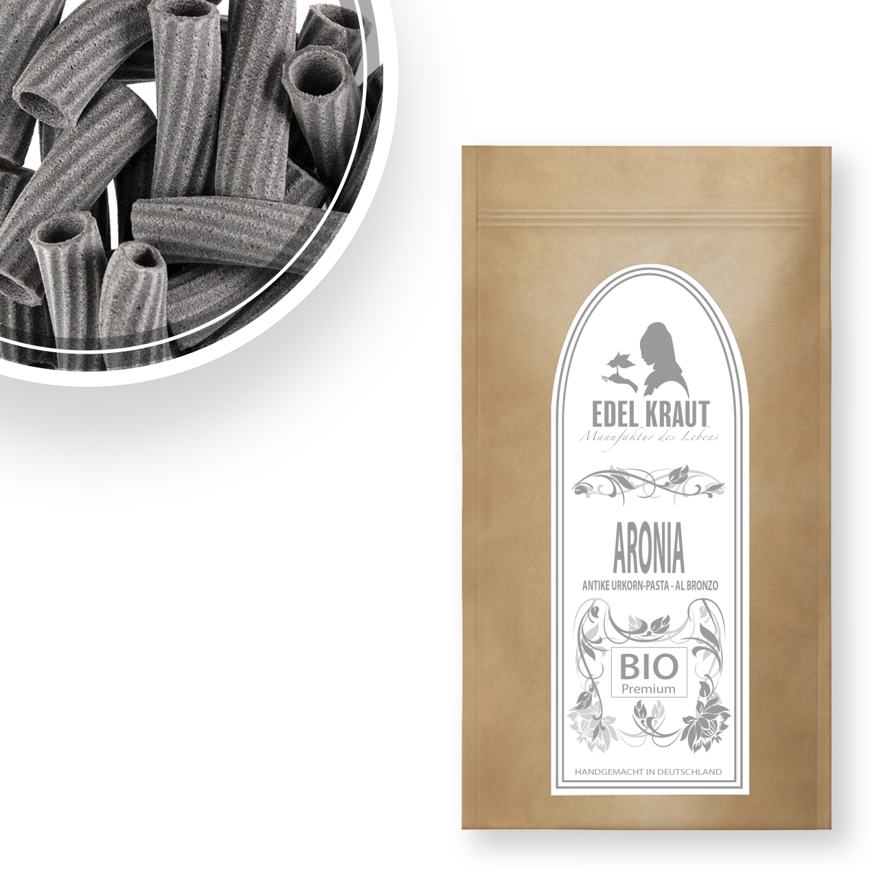 Bio Aronia Tortiglioni - Nudel aus antikem Urgetreide (bronzegezogen) Bio Aronia Tortiglioni Pasta in nachhaltiger Papiertüte und eine Schüssel Aronia-Nudeln
