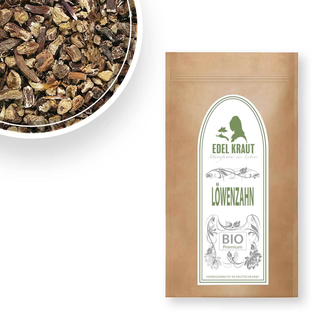 Geschnittene Löwenzahnwurzel in Bioqualität neben Löwenzahntee von EDEL KRAUT Löwenzahnwurzel kaufen – Bio geschnitten in Premiumqualität | EDEL KRAUT