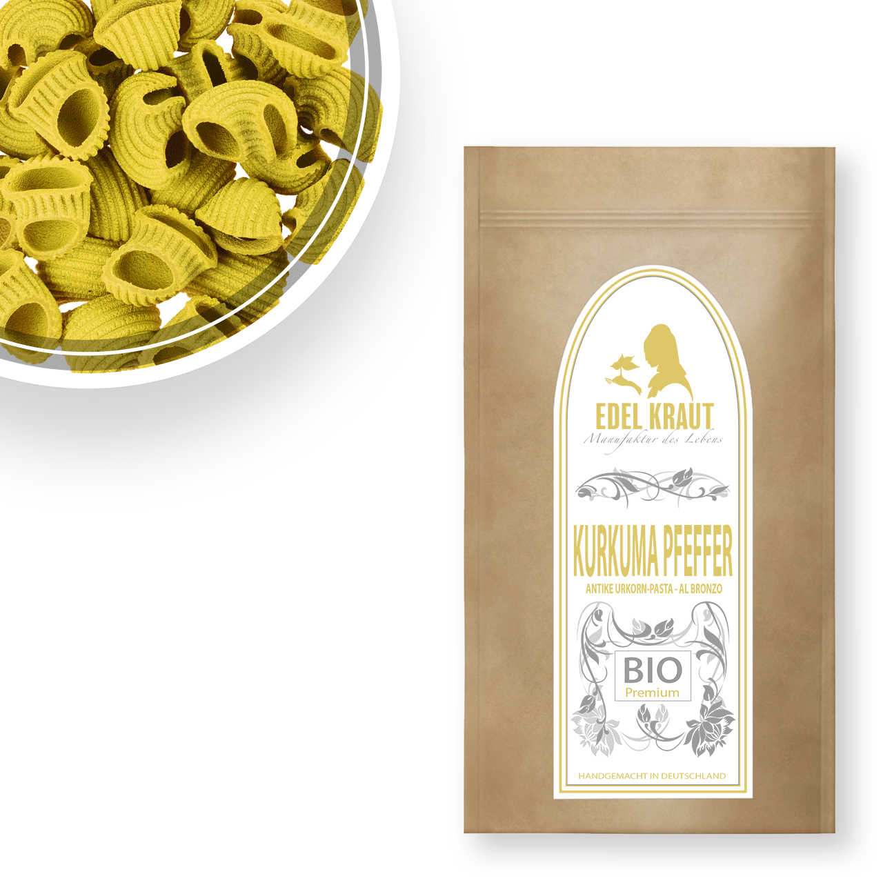 Bio Kurkuma-Pfeffer Urkorn-Pasta – EDEL KRAUT Bio Kurkuma-Pfeffer Urkorn-Pasta in Kraftpapier-Tüte – handgemacht von EDEL KRAUT