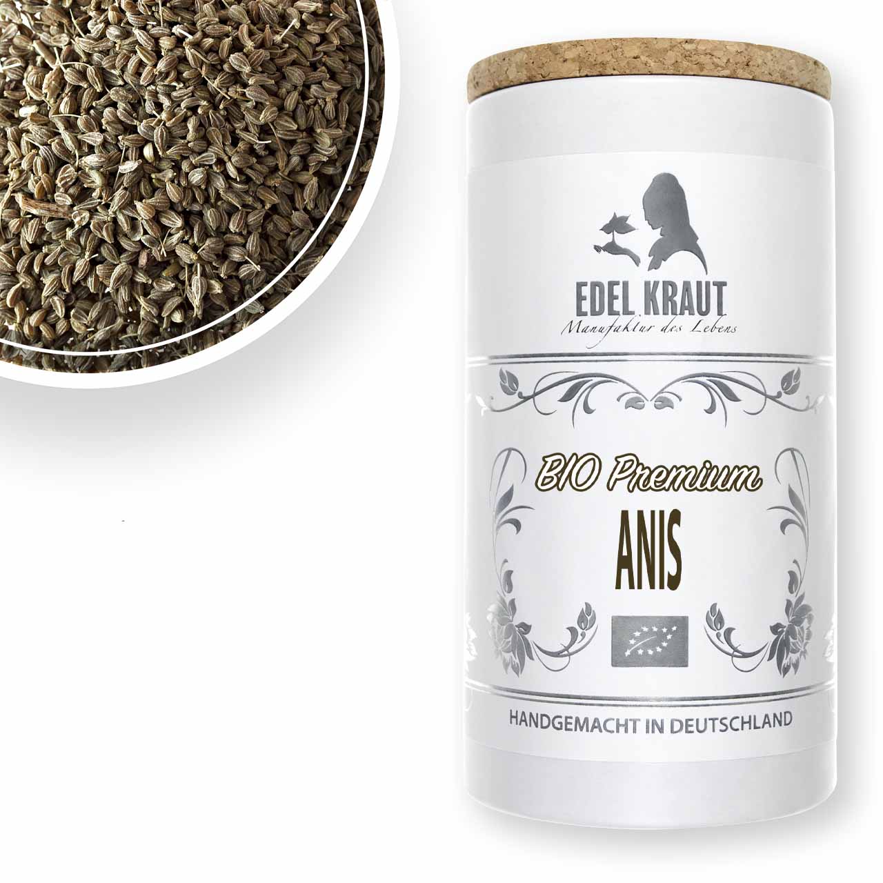 Anis bio kaufen - ganze Samen | EDEL KRAUT Ganze Anissamen in einer Schale neben edler Papierdose mit Korkdeckel und Relieflack - Bio Premium Anis von EDEL KRAUT, handgemacht in Deutschland.