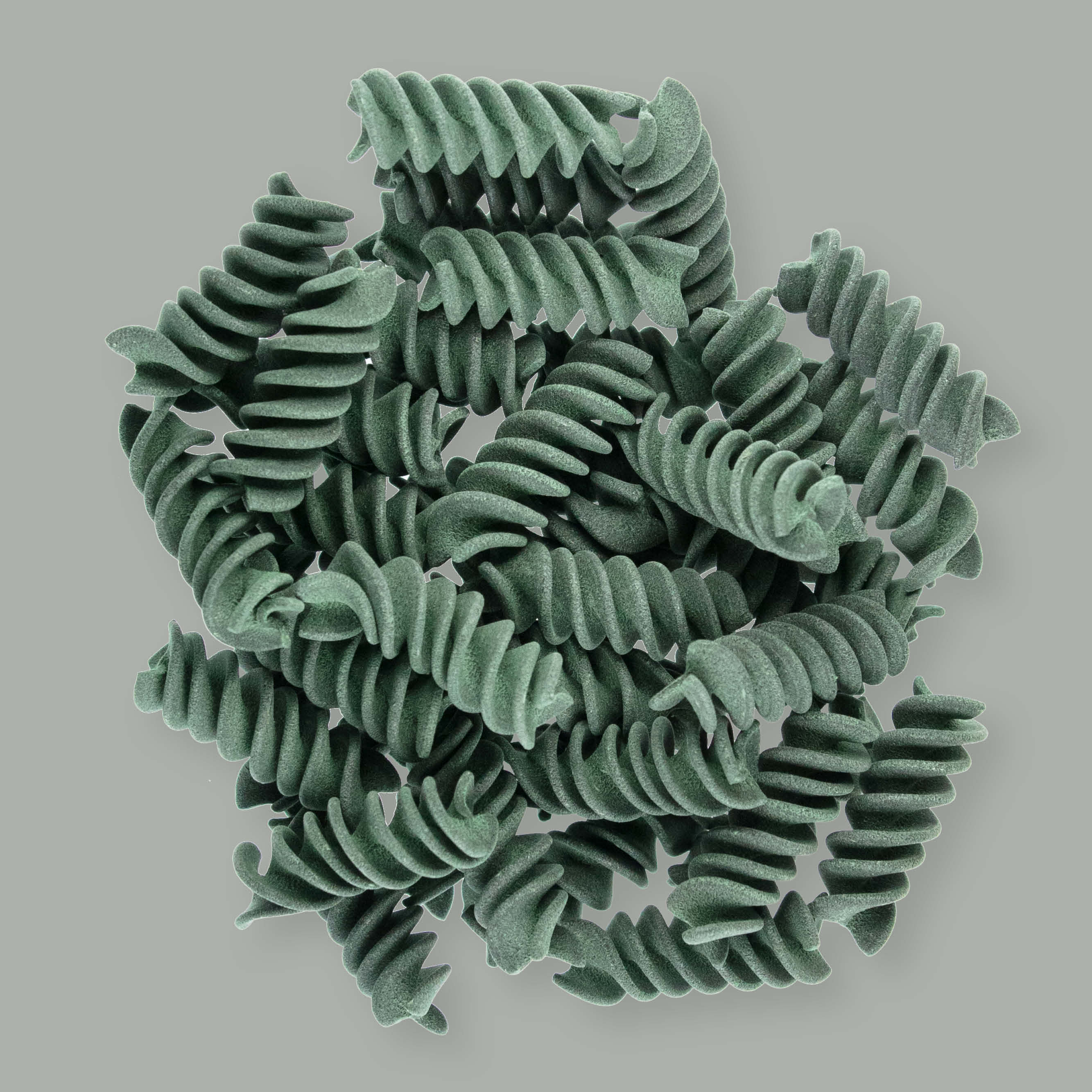 Bio Spirulina Fusilli Pasta Nahaufnahme der antiken und bronzegezogenen Urgetreide-Qualität Bio Spirulina Fusilli Pasta Nahaufnahme der antiken und bronzegezogenen Urgetreide-Qualität