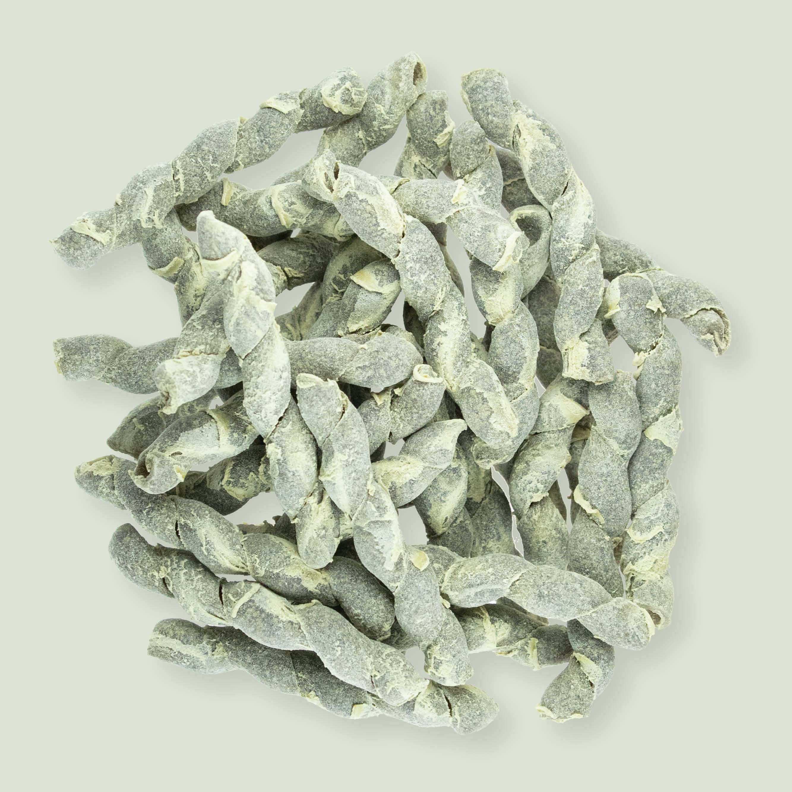 Bio Matcha Busiata - Nudel aus antikem Urgetreide (bronzegezogen) 250g Tüte Bio Matcha Busiata Pasta Nahaufnahme der antiken und bronzegezogenen Urgetreide-Qualität