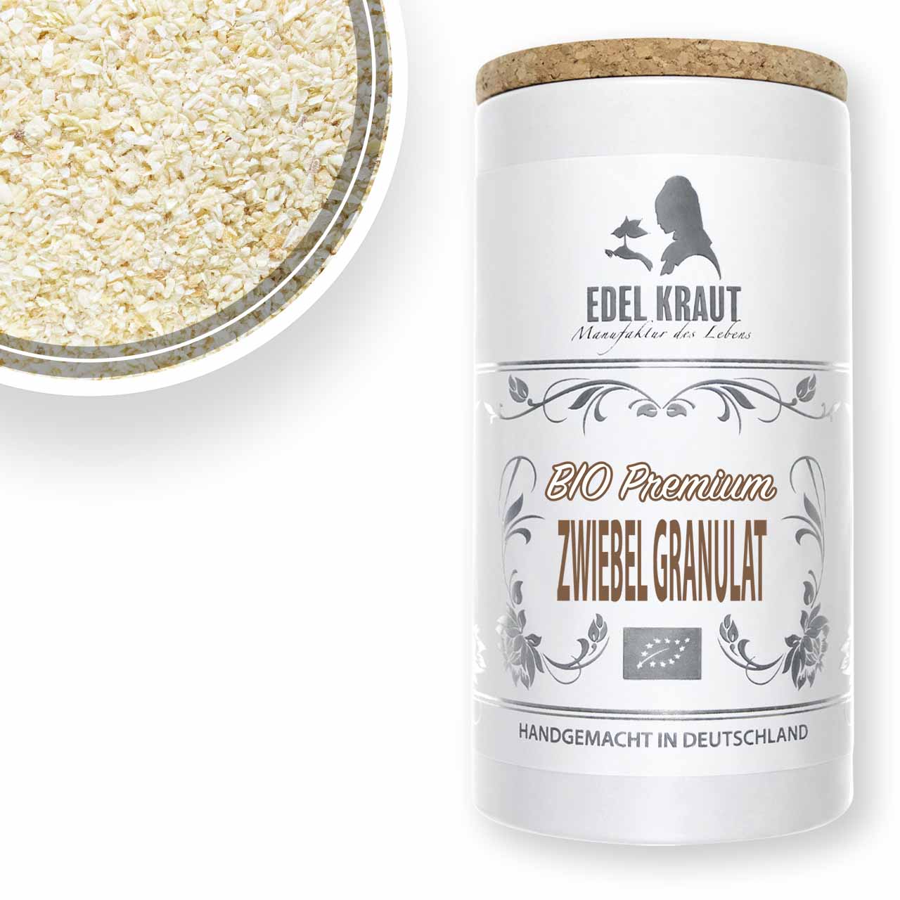 Feines BIO Zwiebel Granulat in der EDEL KRAUT Premium Dose - würzig aromatisch für schnelles Verfeinern, handgemacht in Deutschland.