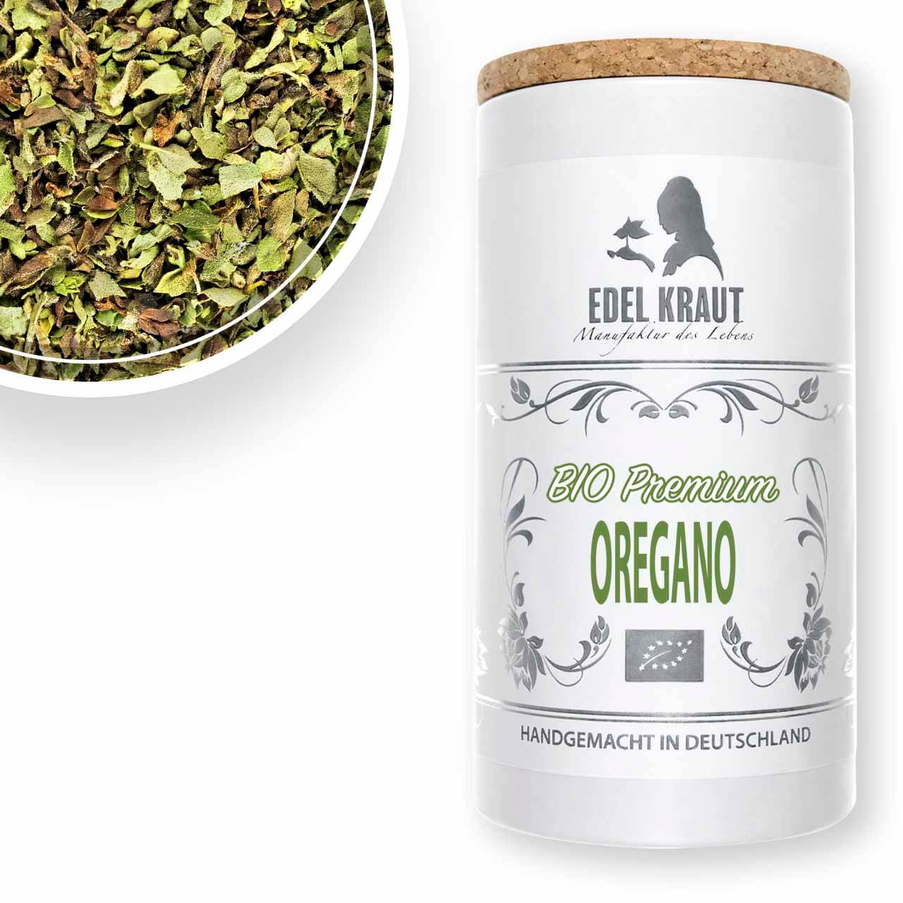 Intensiv aromatischer BIO Oregano gerebelt in der EDEL KRAUT Premium Dose - perfekt für mediterrane Gerichte, handgemacht in Deutschland.
