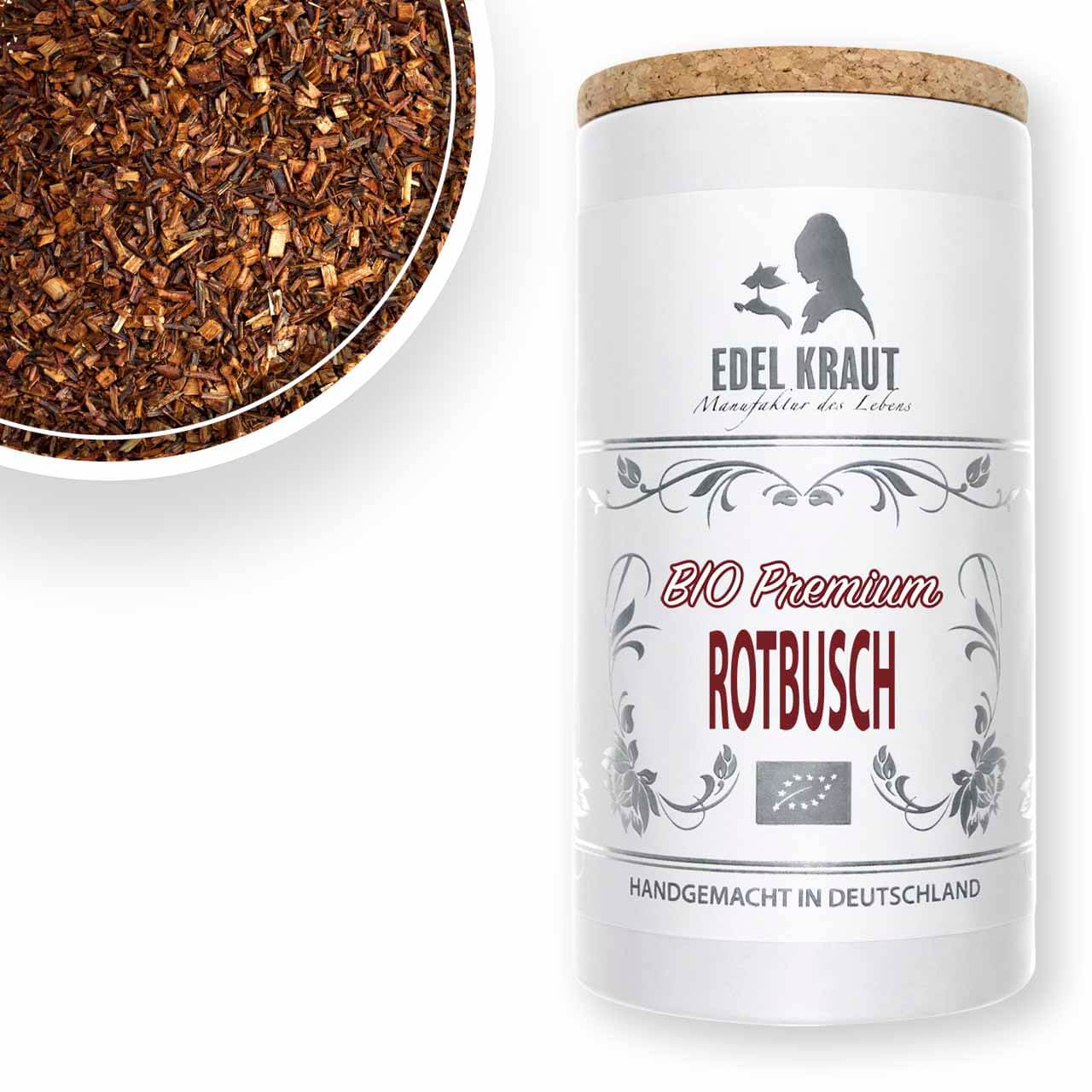 Vollmundiger BIO Rotbusch Rooibos Tee in der EDEL KRAUT Premium Dose - natürlich mild und koffeinfrei, handgemacht in Deutschland.
