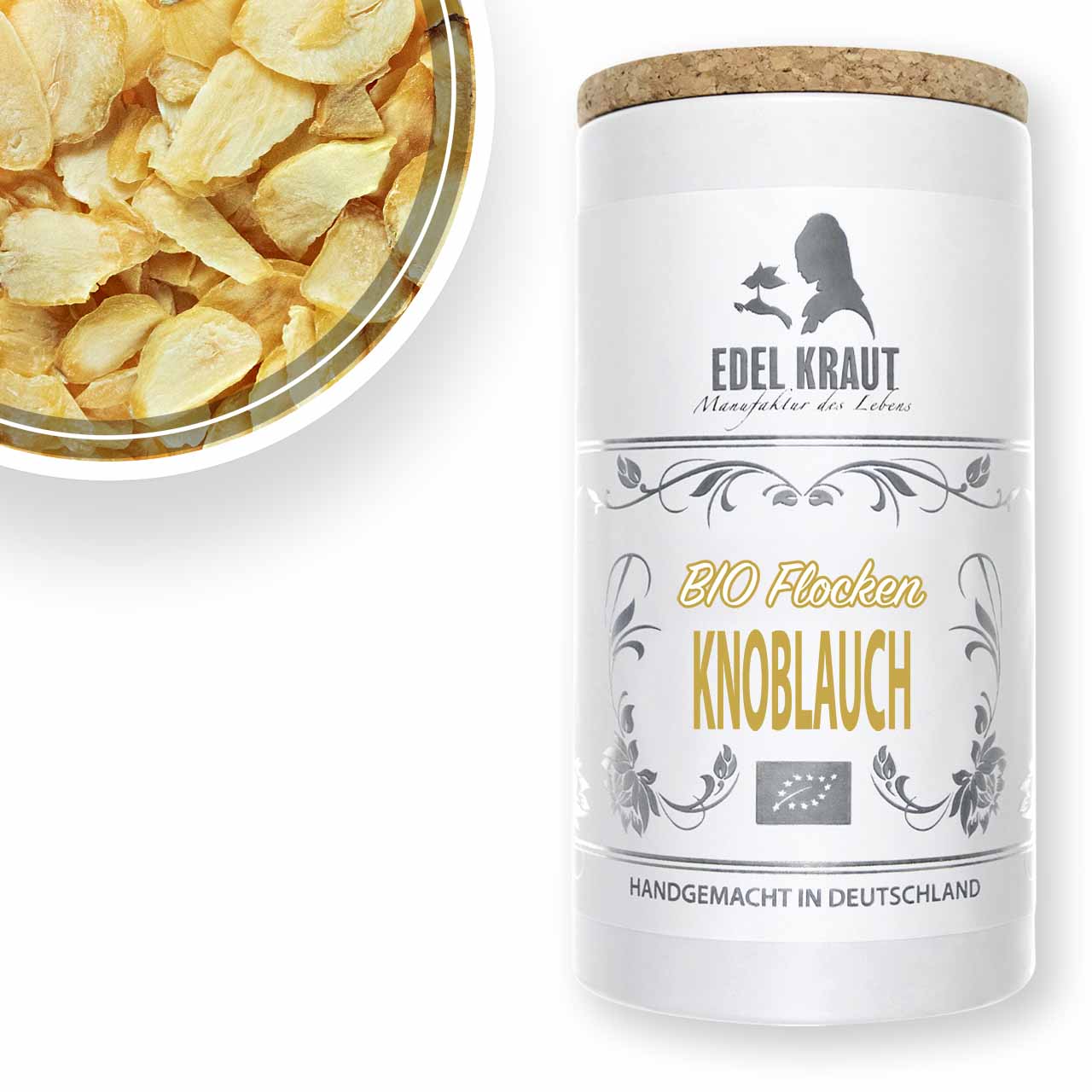 Knoblauch Flocken BIO kaufen - getrocknet | EDEL KRAUT BIO Knoblauchflocken in einer Schale neben edler Papierdose mit Korkdeckel - getrocknete Knoblauchscheiben mit EU-Bio-Siegel von EDEL KRAUT