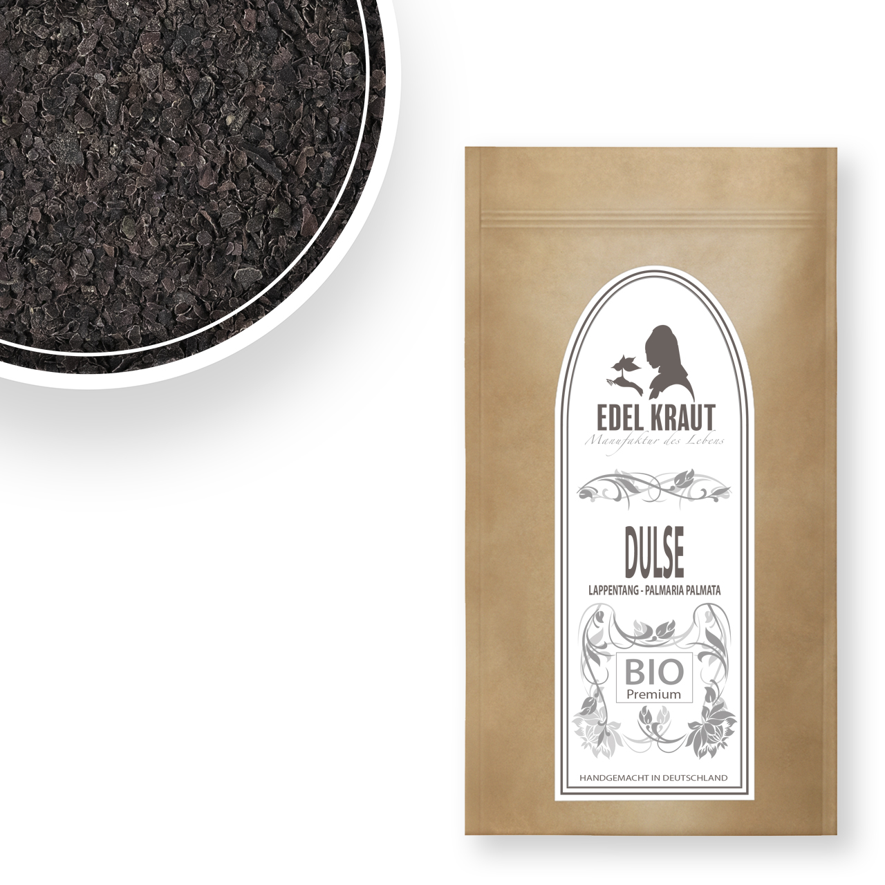 Dulse Flocken - BIO Bio Lappentang Alge in nachhaltiger Papiertüte und eine Schüssel Palmaria palmata