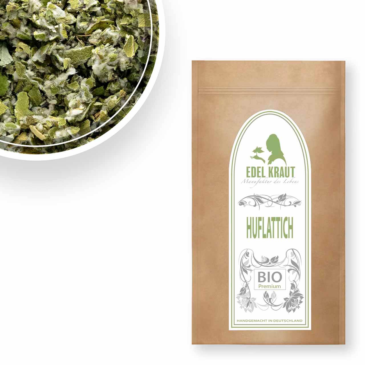Huflattichblätter BIO kaufen - geschnitten Premium Bio-Huflattichblätter geschnitten in der EDEL KRAUT Premium-Tüte - aus kontrolliert biologischem Anbau, sortenrein verarbeitet in Manufaktur Puchheim.