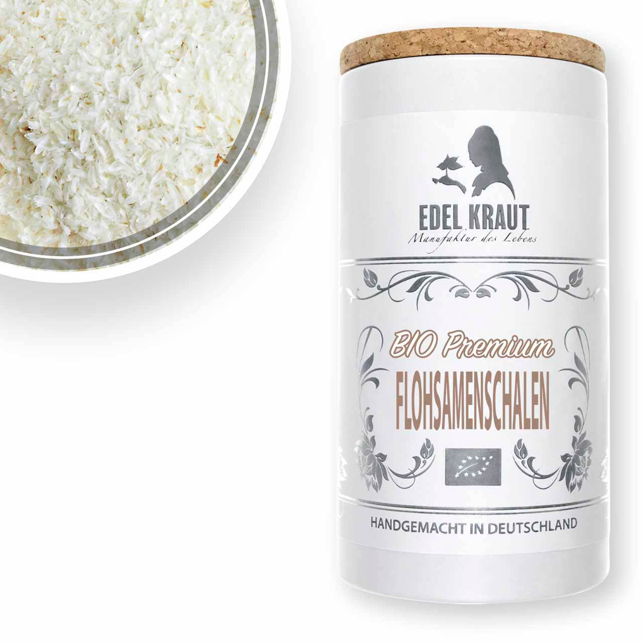 Flohsamenschalen BIO kaufen - Premium | EDEL KRAUT BIO Flohsamenschalen in einer Schale neben edler Papierdose mit Korkdeckel - feine weiße Schalen mit EU-Bio-Siegel von EDEL KRAUT, handgemacht in Deutschland.