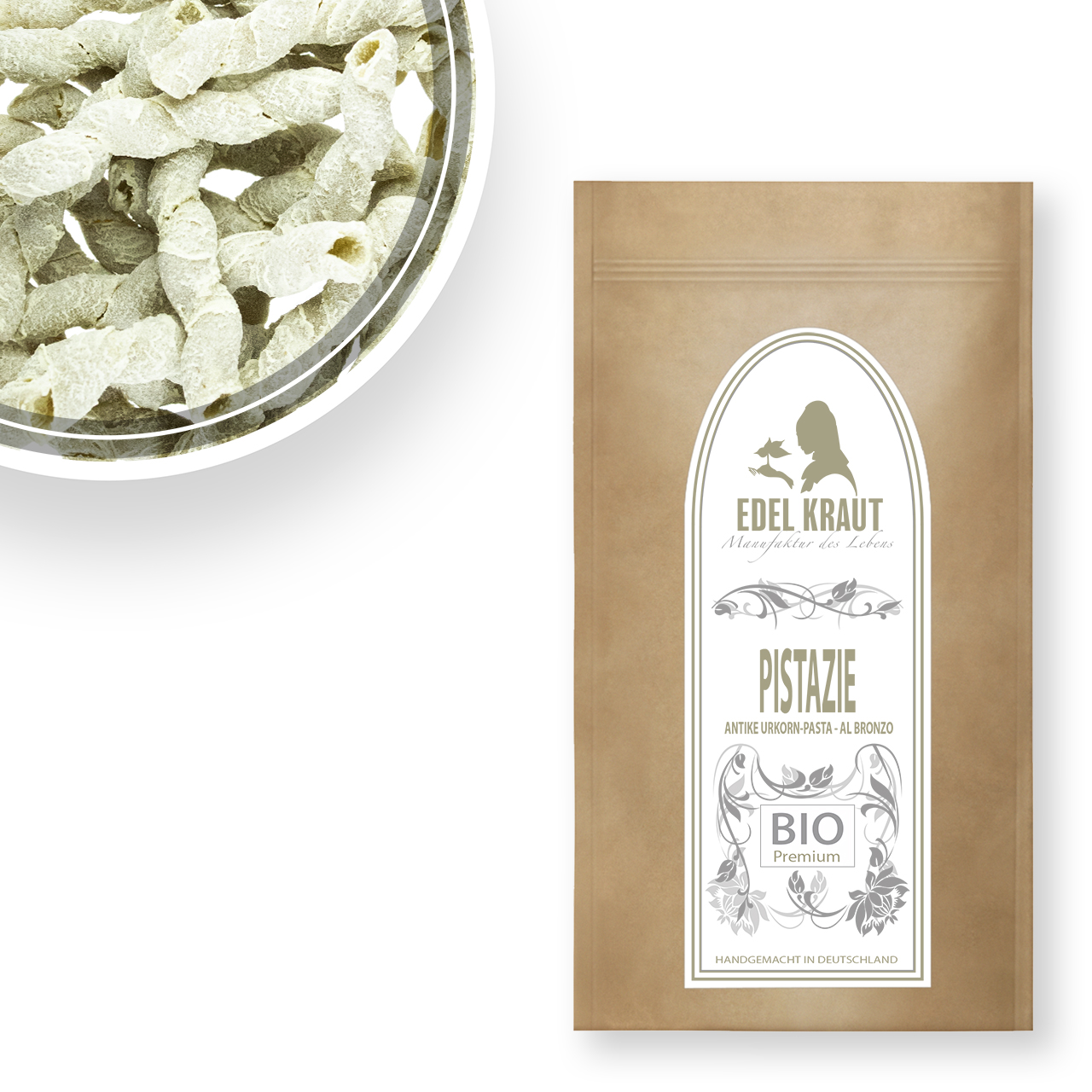 Bio Pistazien Busiata - Nudel aus antikem Urgetreide (bronzegezogen) 250g Tüte Bio Pistazien Busiata Pasta in nachhaltiger Papiertüte und eine Schüssel Pistazien-Nudeln