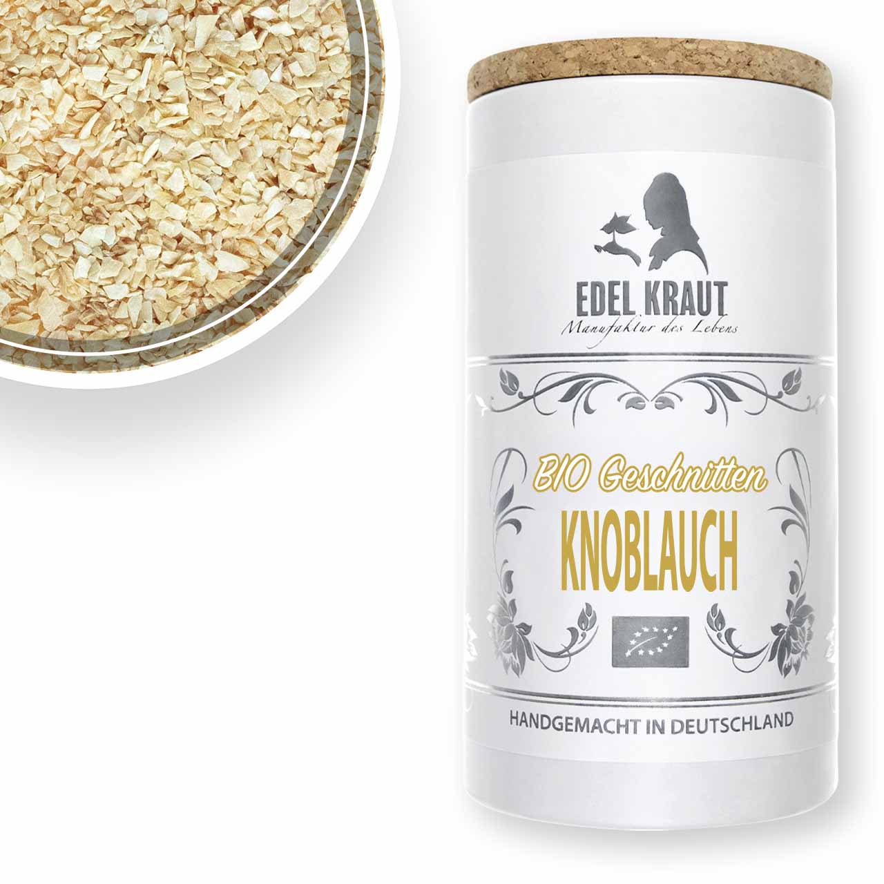 BIO Knoblauchflocken in einer Schale neben edler Papierdose mit Korkdeckel - getrocknete Knoblauchscheiben mit EU-Bio-Siegel von EDEL KRAUT. BIO Knoblauchflocken in einer Schale neben edler Papierdose mit Korkdeckel - getrocknete Knoblauchscheiben mit EU-Bio-Siegel von EDEL KRAUT.