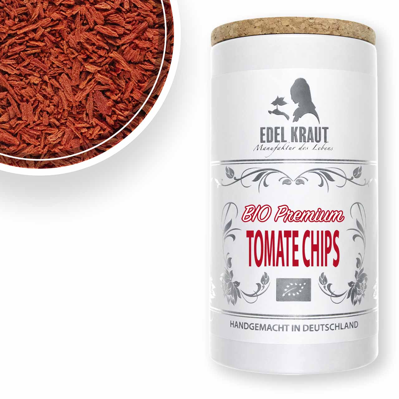 Bio Tomaten Chips von EDEL KRAUT - schonend getrocknet, in Premium-Dose mit Korkdeckel, für mediterrane Saucen und Pesto, handgemacht in Deutschland. Bio Tomaten Chips von EDEL KRAUT - schonend getrocknet, in Premium-Dose mit Korkdeckel, für mediterrane Saucen und Pesto, handgemacht in Deutschland.