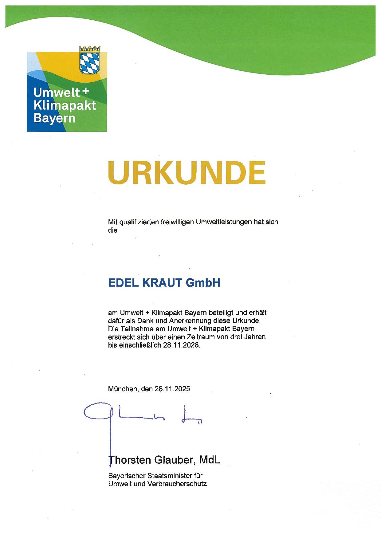 Urkunde Umwelt und Klimapakt Bayern Urkunde Bayerisches Staatsministerium für Umwelt und Verbraucherschutz