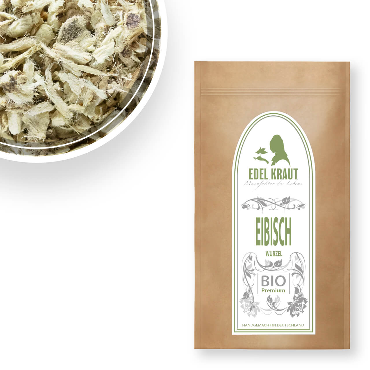Geschnittene Eibischwurzel in Bioqualität - helle, faserige Wurzelstücke neben Papierverpackung von EDEL KRAUT Eibischwurzel geschnitten kaufen - Bio-Premium | EDEL KRAUT