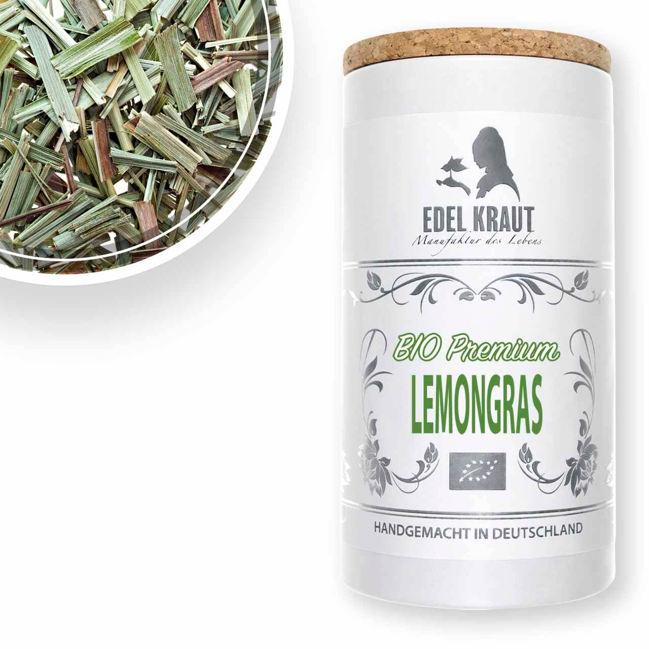 lemongras-kraeutertee Frisches BIO Lemongras geschnitten in der EDEL KRAUT Premium Dose - erfrischend zitronig für Kräutertee, handgemacht in Deutschland.