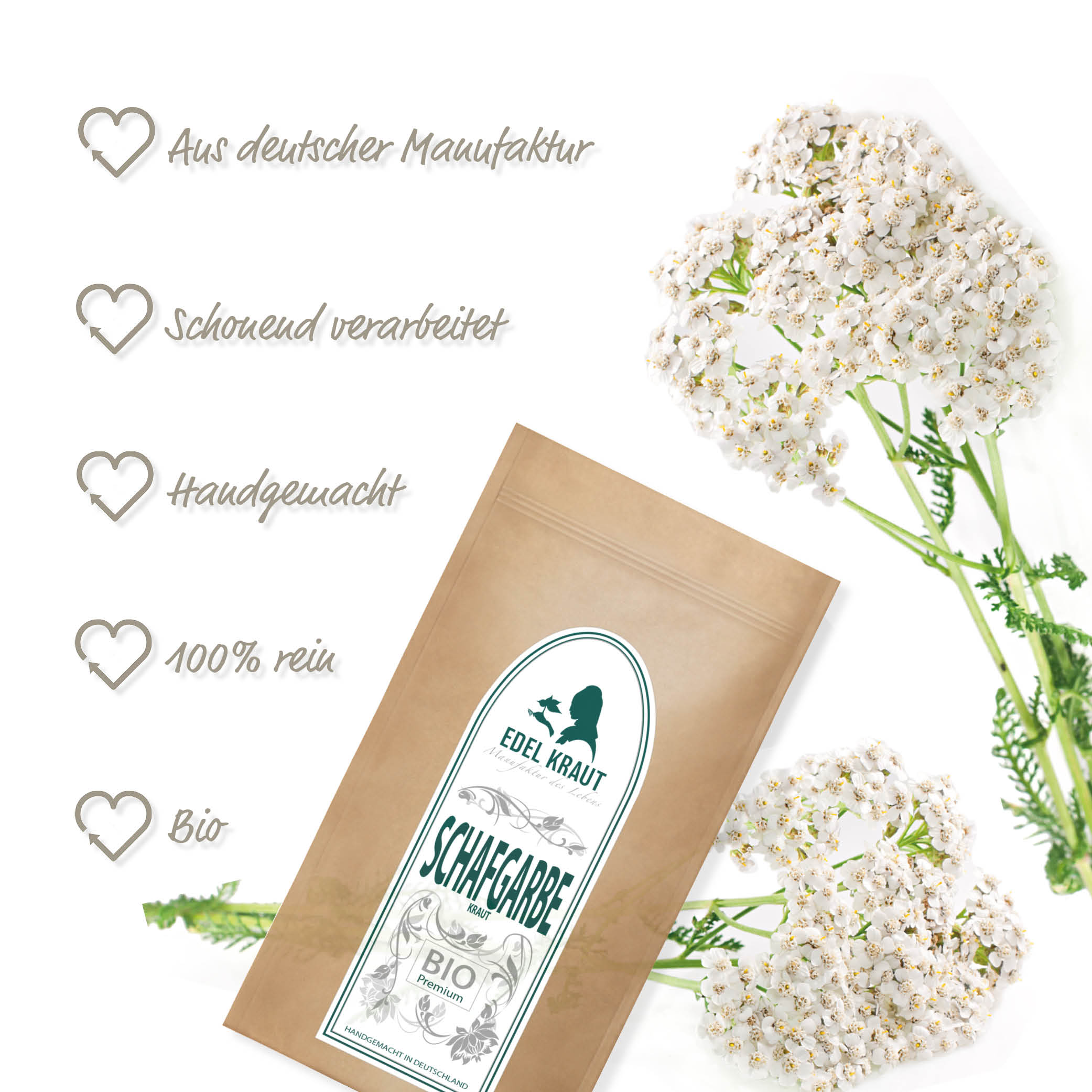 Schafgarbenkraut Bio – naturbelassen & handverlesen Bio Schafgarbenkraut geschnitten in Kraftpapier-Tüte – naturbelassen und plastikfrei