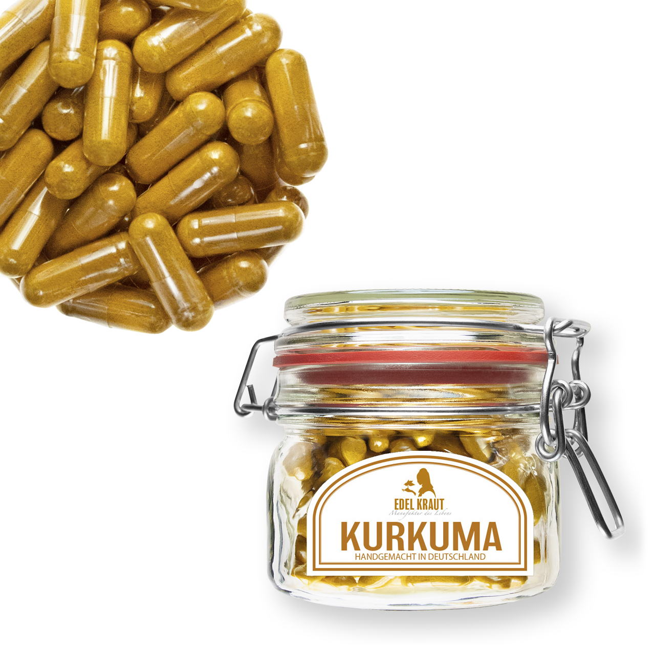 Bio Kurkuma Kapseln im XL-Glas – transparent und handgemacht von EDEL KRAUT Bio Kurkuma Kapseln im XL-Glas – transparent und handgemacht von EDEL KRAUT
