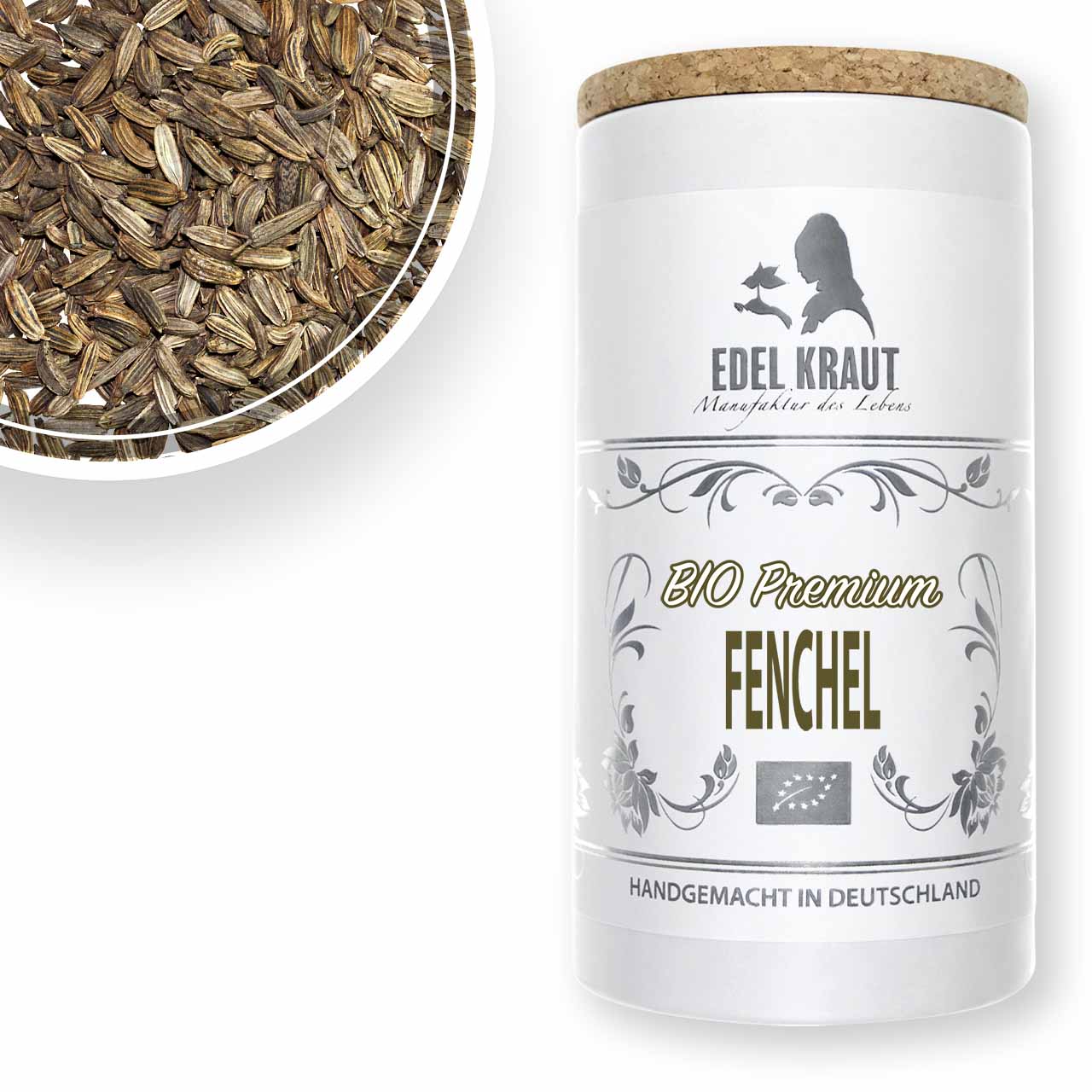 Fenchel bio kaufen - ganze Samen | EDEL KRAUT Bio Fenchelsamen ganz in einer Schale neben edler Papierdose mit Korkdeckel - aromatisches Premium Gewürz mit EU-Bio-Siegel von EDEL KRAUT
