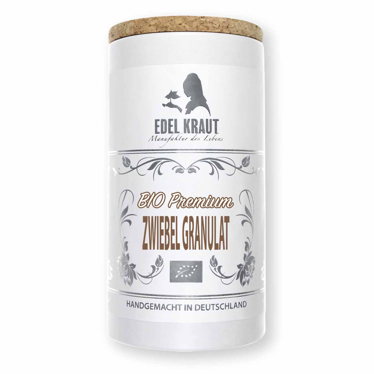 Zwiebel Granulat BIO kaufen - Premium Gewürzdose EDEL KRAUT Premium BIO Zwiebel Granulat von EDEL KRAUT in der eleganten Gewürzdose - praktisch, aromatisch und handgemacht.