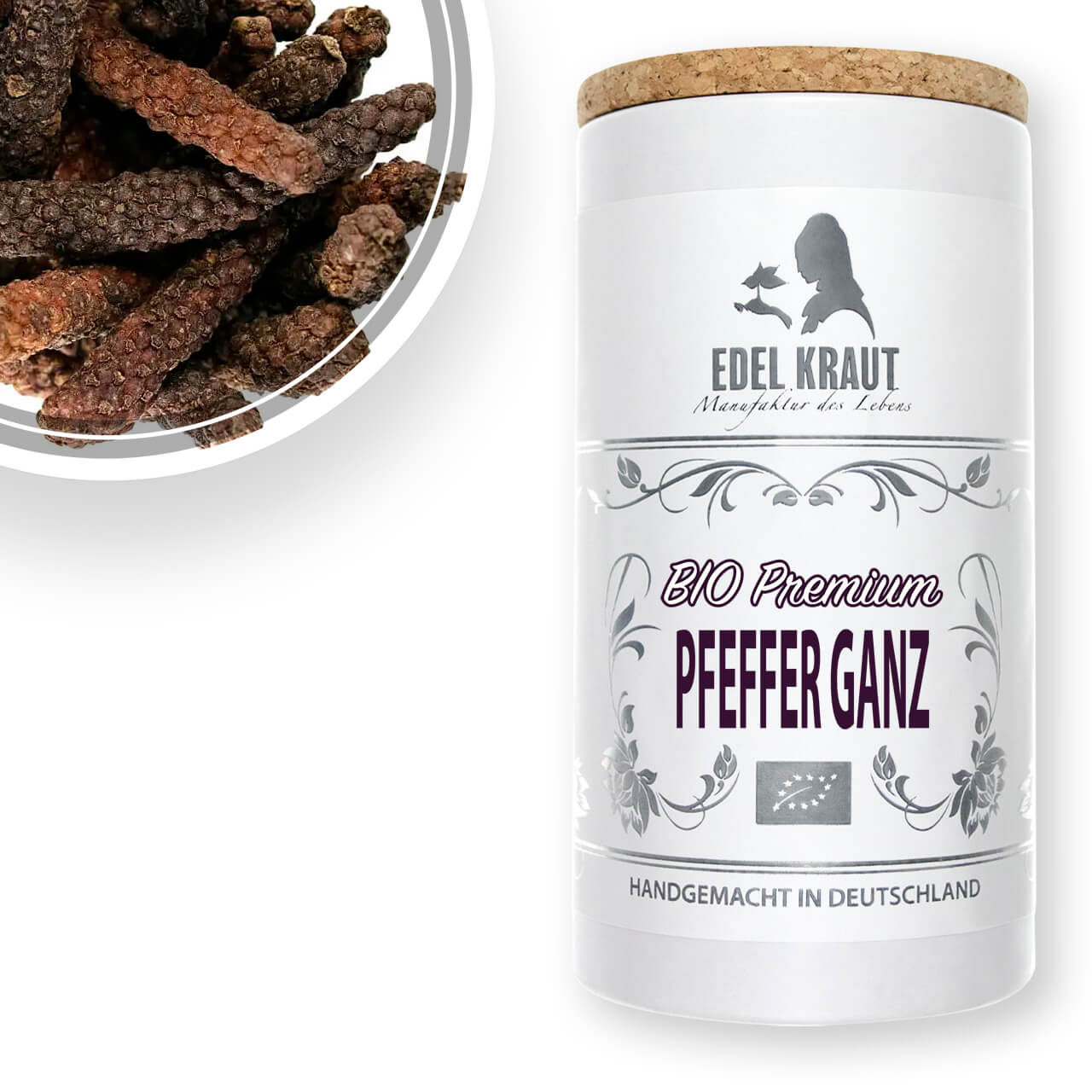 BIO Langer Pfeffer ganz - XL-Dose mit ganzen Pfefferfruchtständen im Detail oben links