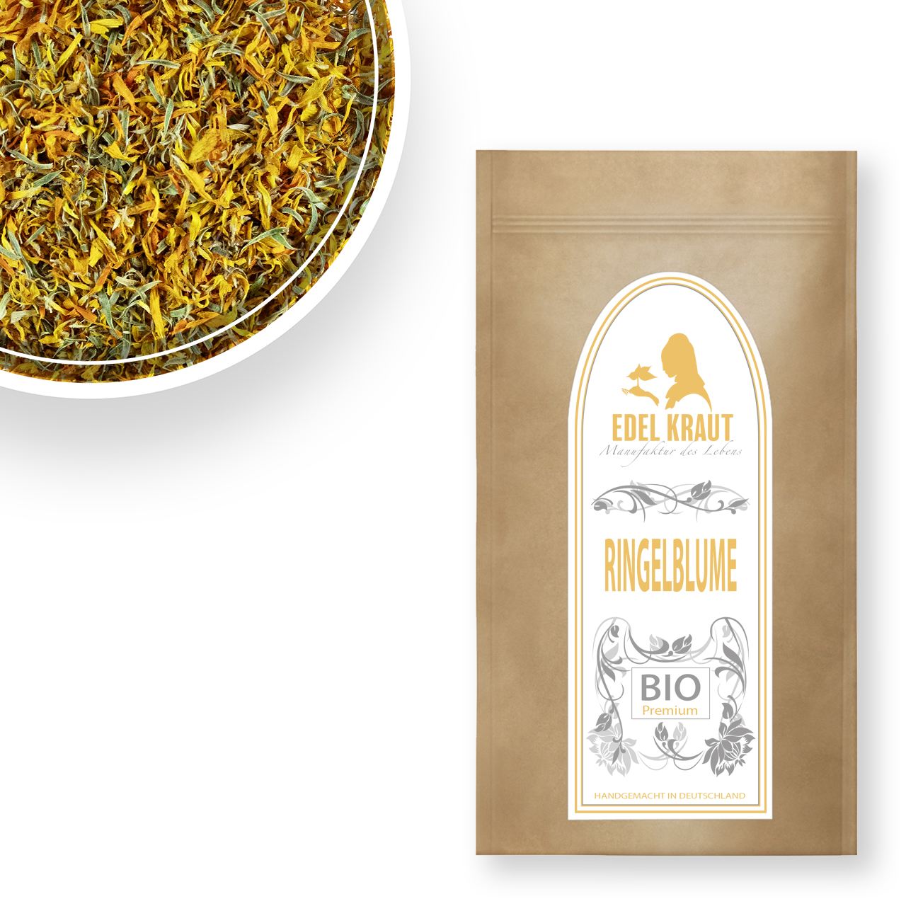 Getrocknete Bio-Ringelblumenblüten im Kraftpapierbeutel von EDEL KRAUT Ringelblumenblüten - BIO 250g Tüte