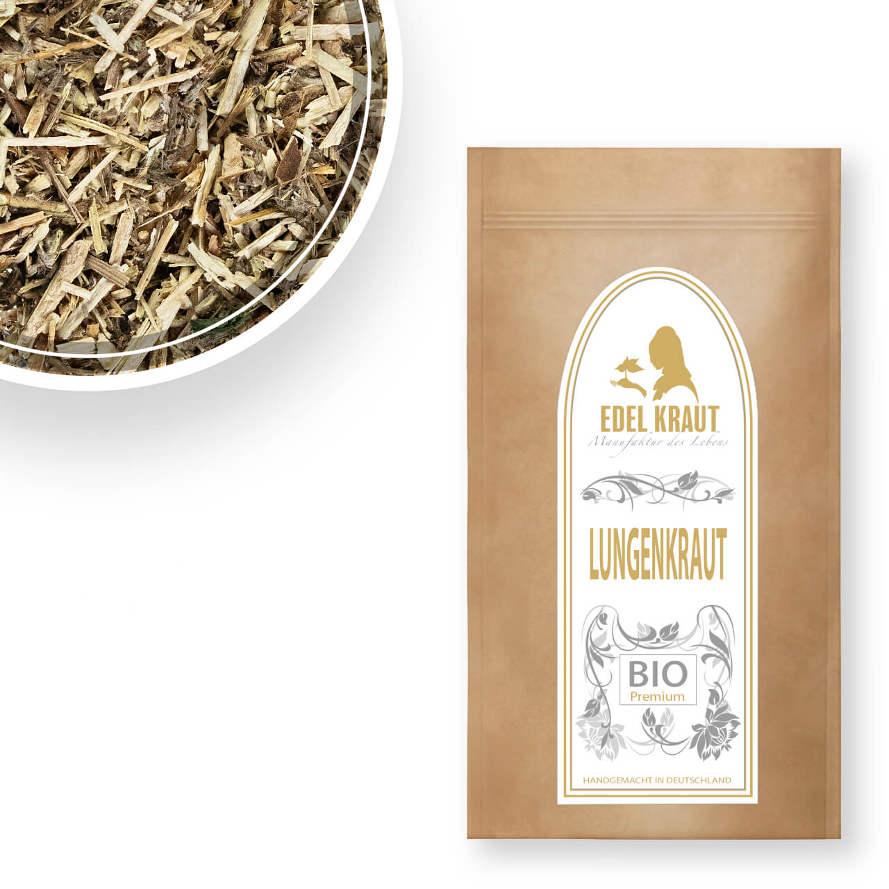 Lungenkrauttee Bio kaufen – Premium-Kräutertee von EDEL KRAUT Lungenkrauttee Bio kaufen – EDEL KRAUT Tüte mit geschnittenem Bio-Kraut