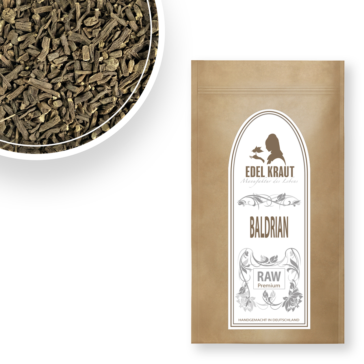 Baldrianwurzel geschnitten – Premium Qualität von EDEL KRAUT Geschnittene Baldrianwurzel in Nahaufnahme und Kraftpapierbeutel von EDEL KRAUT, naturbelassen, Premium Qualität