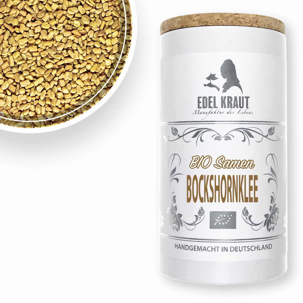 Bockshornklee bio kaufen - ganze Samen | EDEL KRAUT Bio Bockshornkleesamen ganz in einer Schale neben edler Papierdose mit Korkdeckel - Premium Gewürz mit EU-Bio-Siegel von EDEL KRAUT, handgemacht in Deutschland.