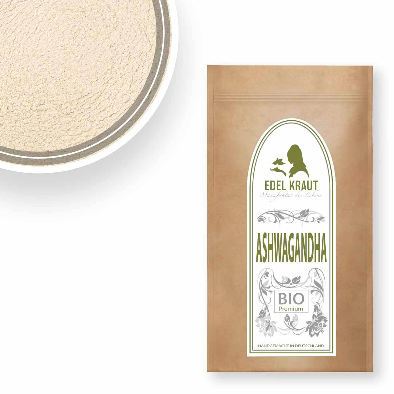 Ashwagandha Pulver BIO kaufen - Wurzel-Pulver Premium Bio-Wurzelpulver der Withania somnifera in der EDEL KRAUT Premium-Tüte - schonend getrocknet und fein vermahlen, handgemacht in Deutschland.
