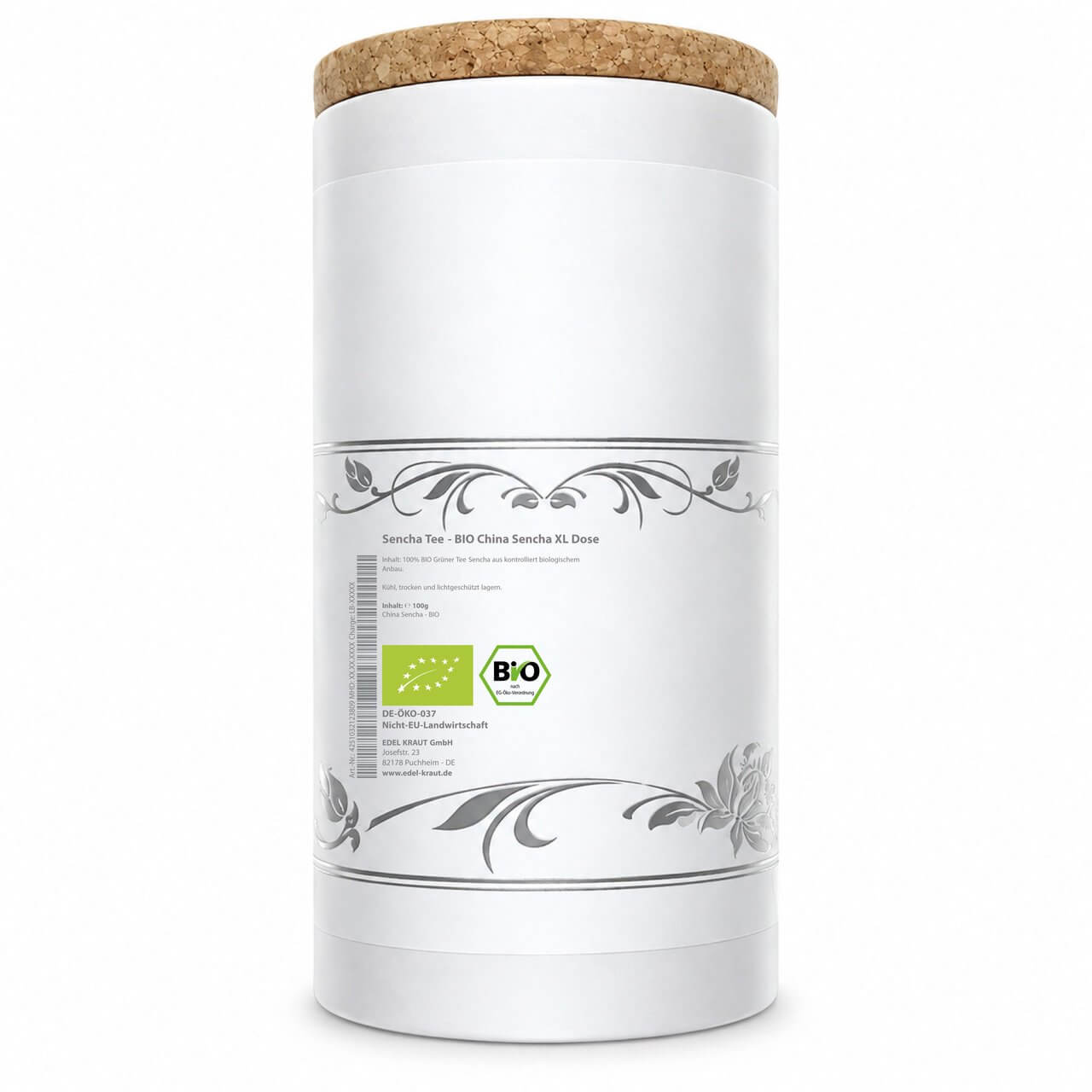 Sencha Tee BIO - Rückseite der XL Teedose Rückseite der EDEL KRAUT XL Teedose Sencha Tee BIO: Etikett mit Zutaten 100 % BIO Grüner Tee Sencha, 100 g