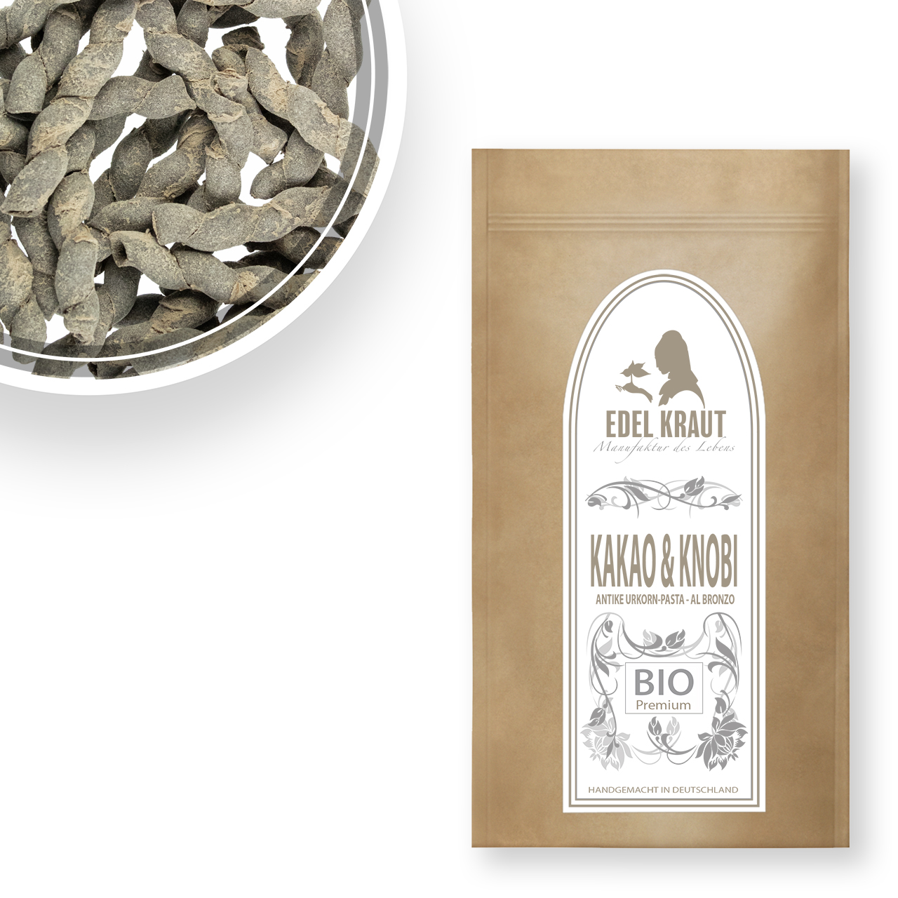 Bio Kakao & Schwarzer Knoblauch Busiata - Nudel aus antikem Urgetreide (bronzegezogen) 250g Tüte Bio Kakao & Schwarzer Knoblauch Busiata in nachhaltiger Papiertüte und eine Schüssel Kakao-Nudeln