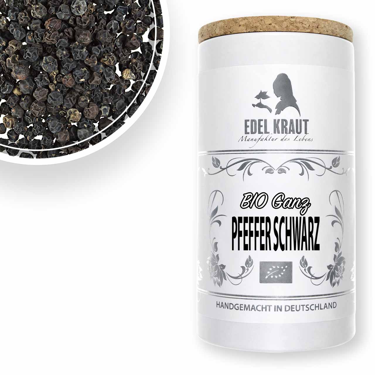 Pfeffer schwarz BIO kaufen - Gewürz Premium Dose Ganze schwarze BIO Pfefferkörner in der EDEL KRAUT Premium Dose - aromatisch scharf, ideal für die Pfeffermühle, handgemacht in Deutschland.