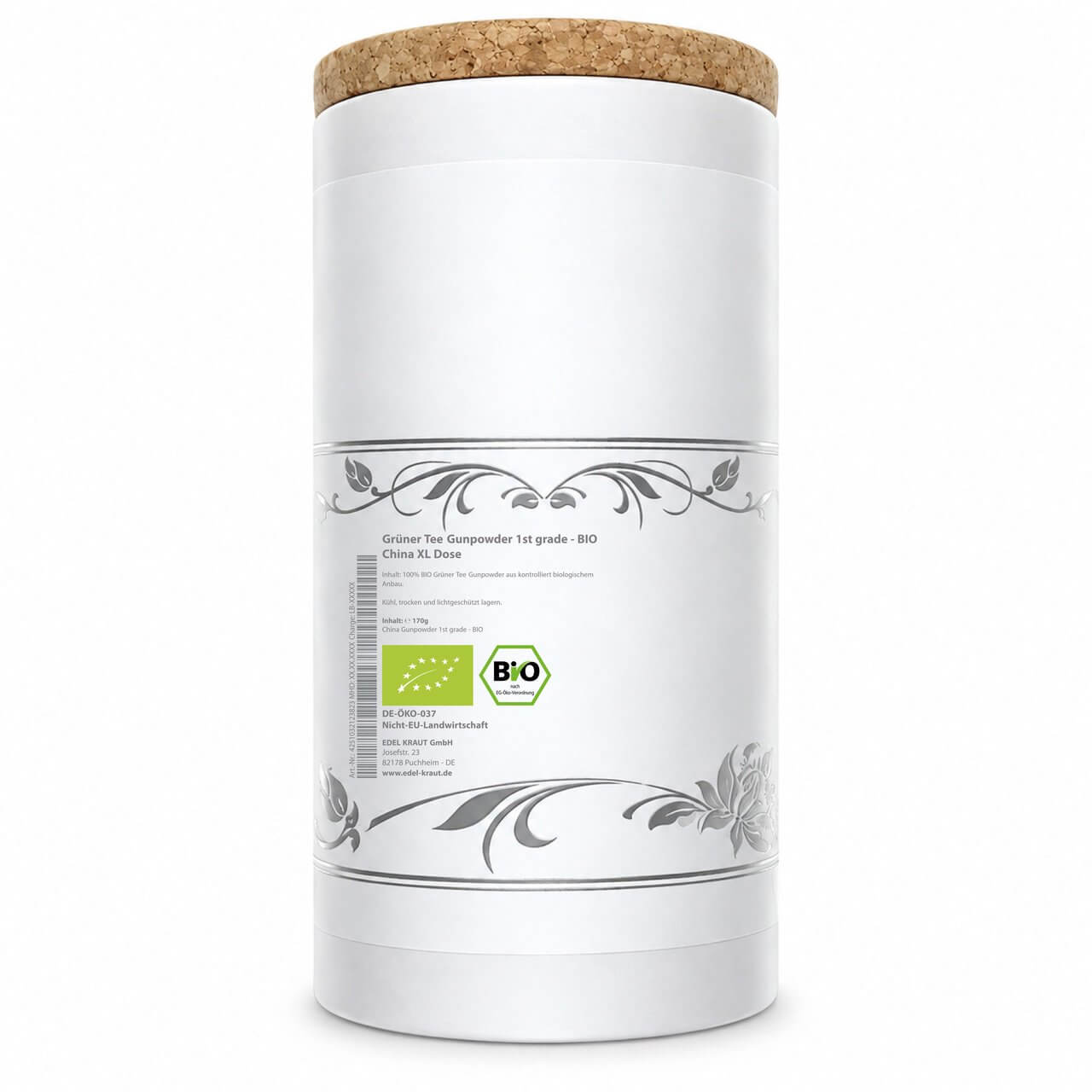 Rückseite der EDEL KRAUT XL Teedose Grüner Tee Gunpowder BIO: Etikett mit Zutaten 100 % BIO Grüner Tee Gunpowder, 170 g