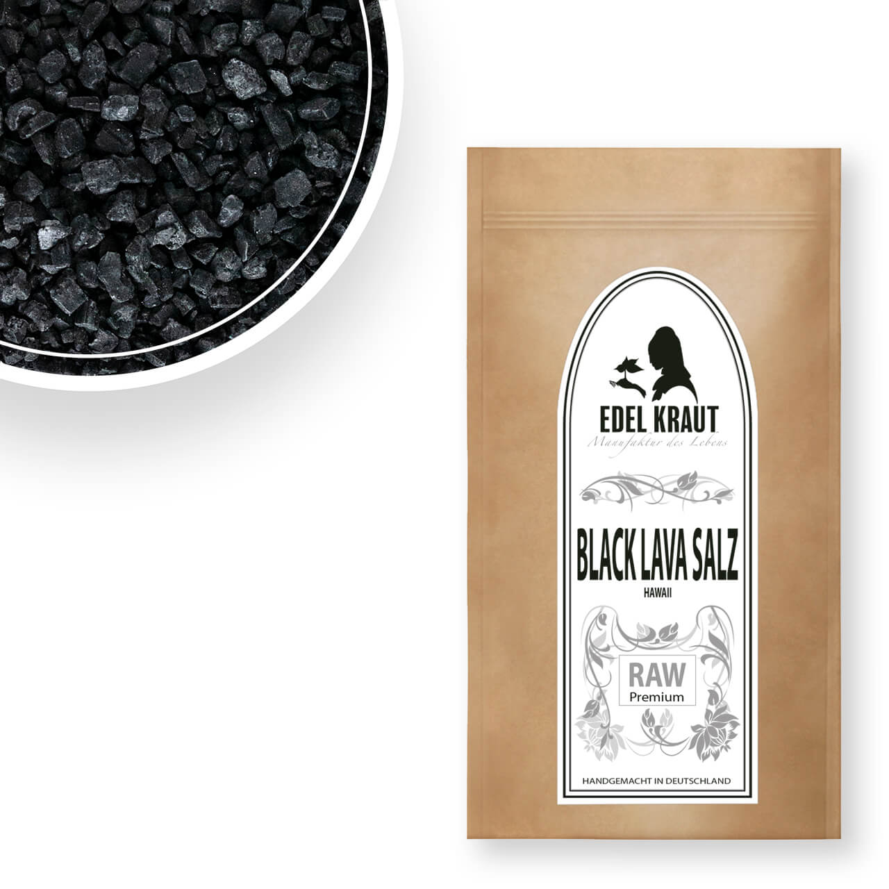 Hawaiianisches Black Lava Salz in einer EDEL KRAUT Kraftpapiertüte mit Detailansicht der schwarzen Salzkristalle.