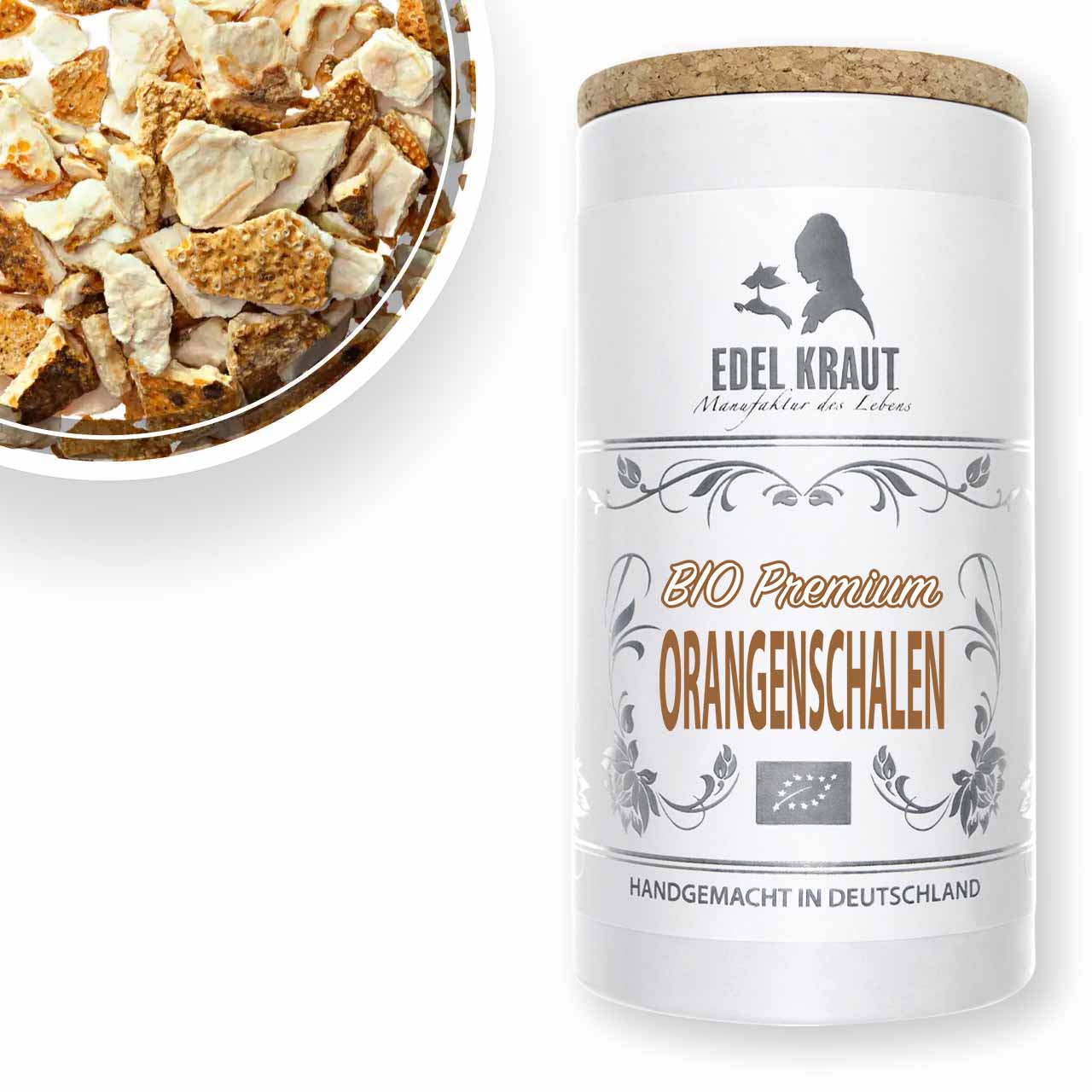 Orangenschalen BIO kaufen - Kräutertee Premium Dose Aromatische BIO Orangenschalen getrocknet in der EDEL KRAUT Premium Dose - ideal für fruchtigen Kräutertee, handgemacht in Deutschland.