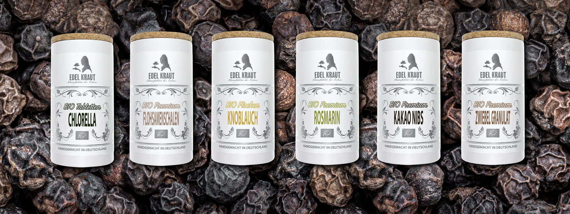 Gewürzdosen kaufen - Premium Sortiment EDEL KRAUT Sechs BIO Gewürzdosen von EDEL KRAUT in edler Papierdose mit Korkdeckel - veredelt mit Relieflack und Silberfolie, handgemacht in Deutschland.