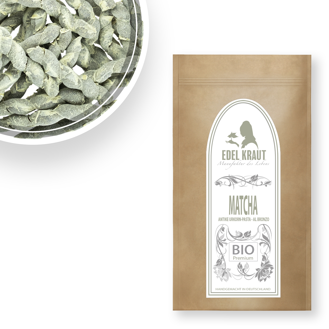 Bio Matcha Busiata - Nudel aus antikem Urgetreide (bronzegezogen) Bio Matcha Busiata Pasta in nachhaltiger Papiertüte und eine Schüssel Matcha-Nudeln