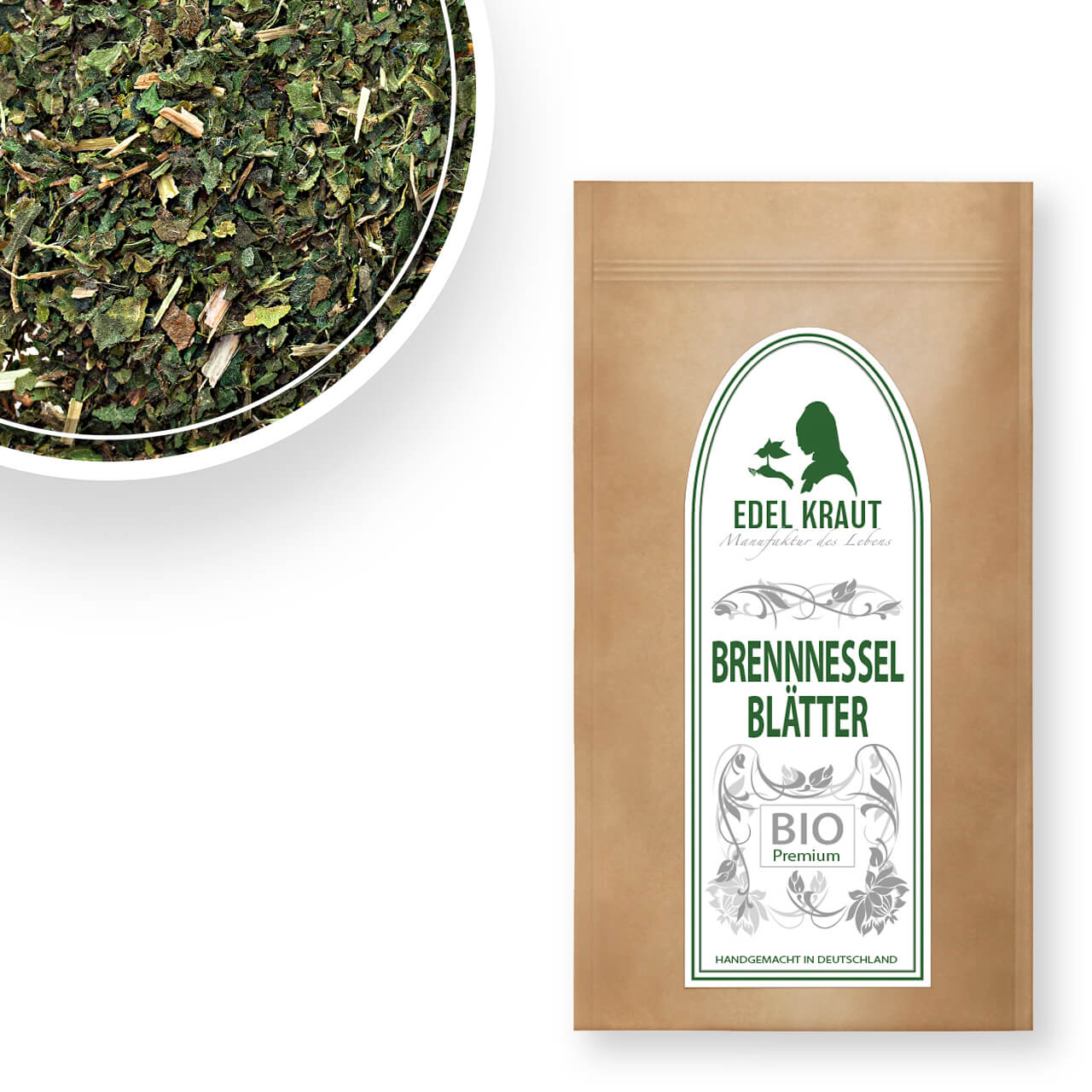BIO Brennnesselblätter kaufen - geschnittene Brennnessel in Schale neben EDEL KRAUT Kraftpapierbeutel Brennnesselblätter - BIO Brennnesseltee