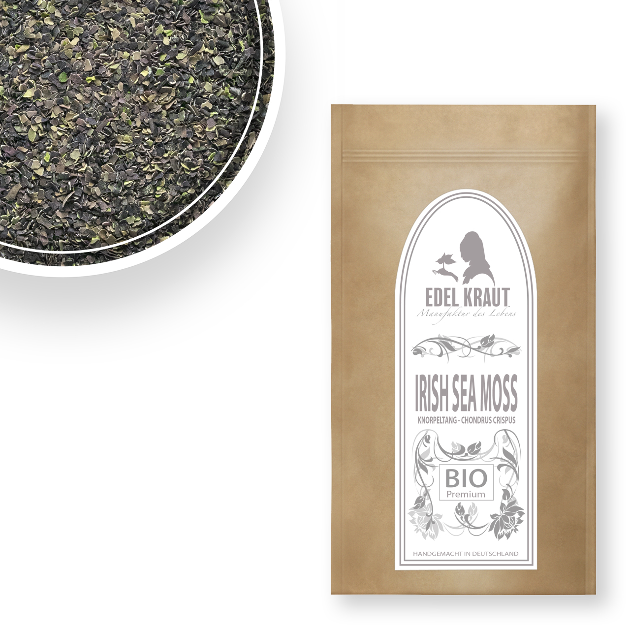 BIO Irisch Moos - Irish Sea Moss Knorpeltang (Chondrus Crispus) 250g Tüte Bio Irisch Moos Alge in nachhaltiger Papiertüte und eine Schüssel Irish Sea Moss