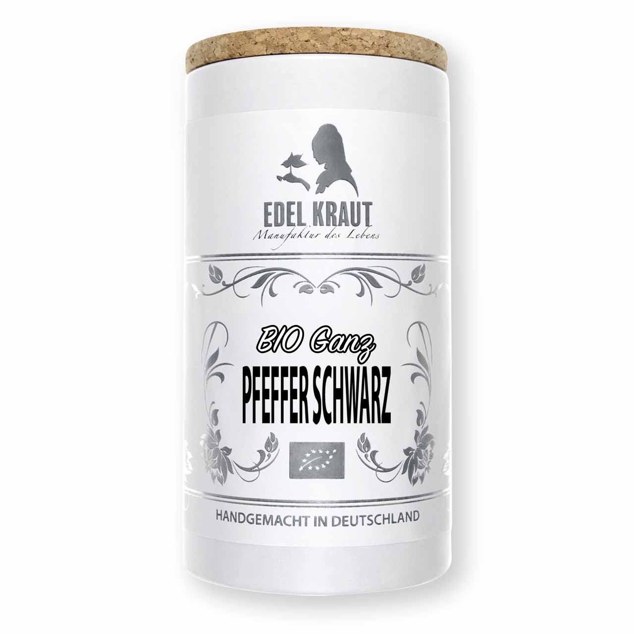 Pfeffer schwarz BIO kaufen - Premium Gewürzdose EDEL KRAUT Premium BIO Pfeffer schwarz von EDEL KRAUT - ganze Pfefferkörner in der eleganten Gewürzdose, scharf aromatisch und handgemacht.