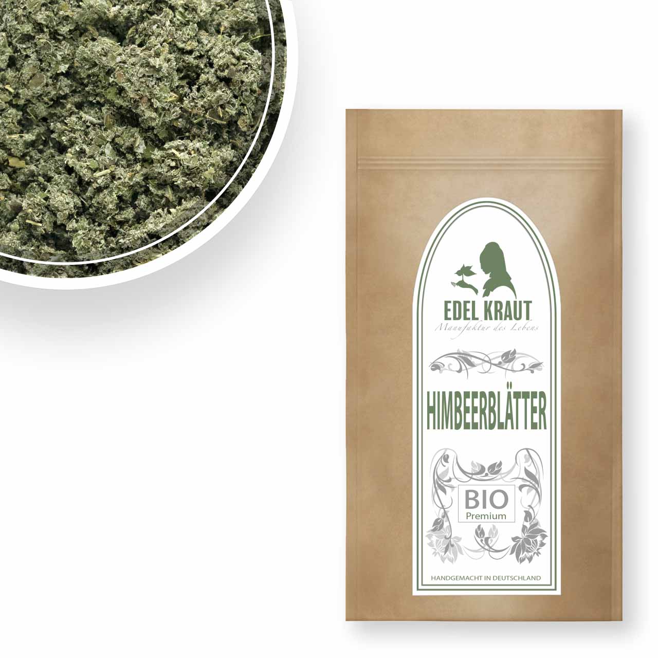 BIO Himbeerblättertee geschnitten und getrocknet von EDEL KRAUT - Rubi idaei folium aus DE-ÖKO-037 zertifiziertem Anbau, in der Manufaktur Puchheim sortenrein verpackt. Grasig-leicht-herb. Heißer Aufguss als Standard. 250g und 500g ECO-Kraftpapier-Tüte.